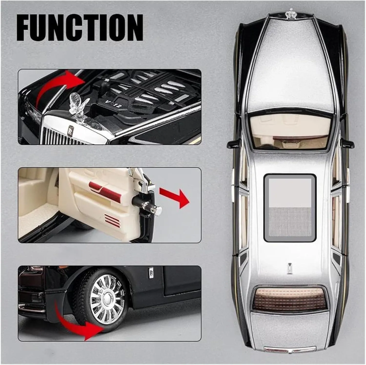 1 24 for Rolls Royce Phantom Mansory Alloy Car Diecast Toy Vehicles Car Model Sound and Light Pull Back Car Gifts Simulation Vehicle Playset(Black)