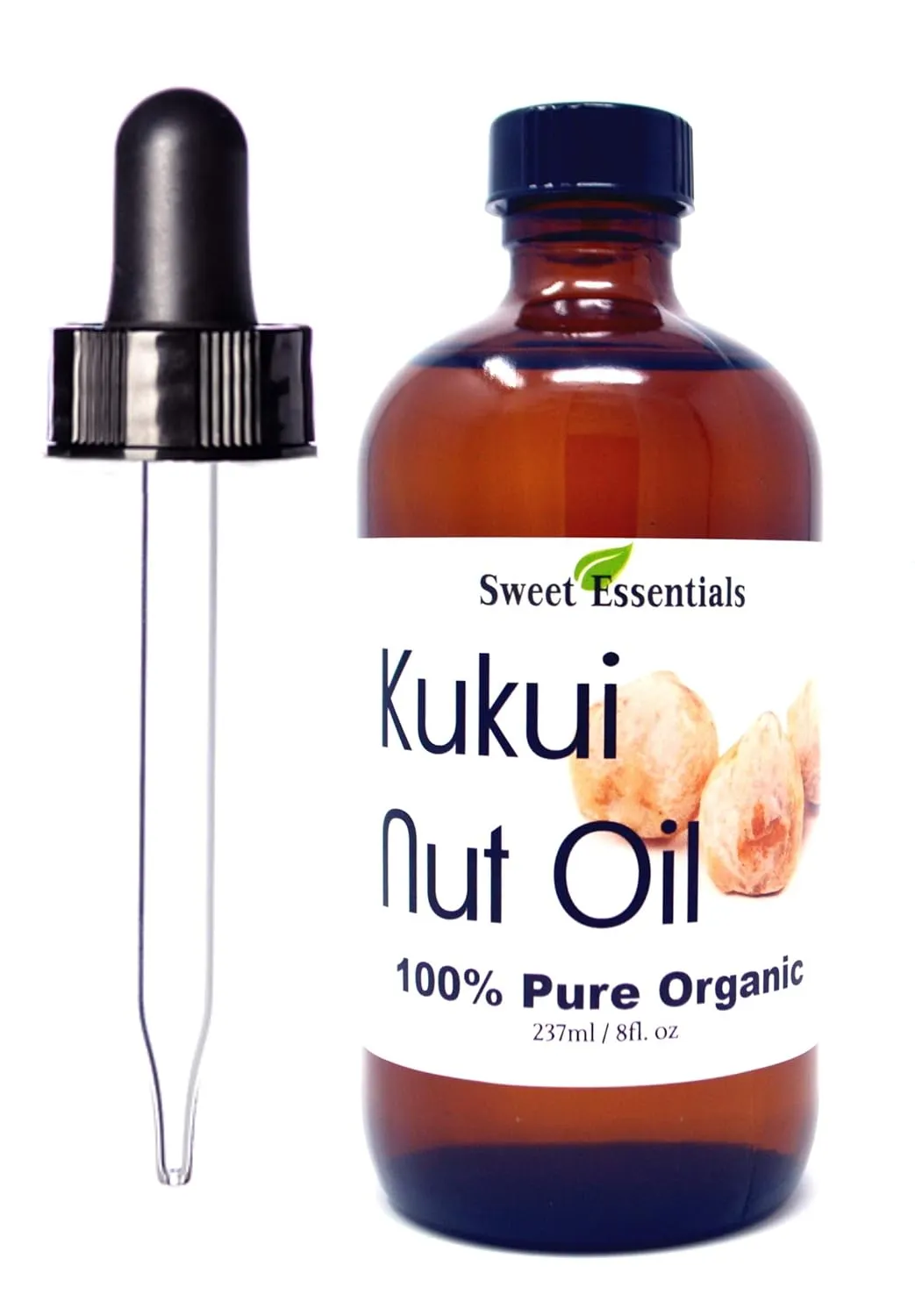 100% Organic Kukui Nut Oil | Imported From Hawaii | Various Sizes | 100% Pure | Cold-Pressed | Natural Moisturizer for Skin, Hair and Face | By Sweet Essentials (8 fl oz Glass Bottle With Dropper)