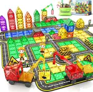 100 PCS Magnetic Tiles Road Set with 3 Cranes & 2 Cars - Magnetic Blocks City Construction Building Toys for 3  Year Old Boys Girls Ideal Preschool Learning Outdoor Creative Toddler Kids Toys