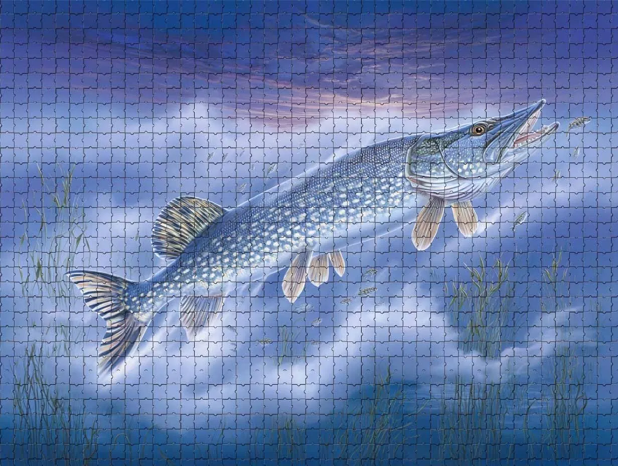 1000 Piece Jigsaw Puzzle for Adults Northern Pike Leaps Fishing Challenging and Dynamic Puzzle Game for Anglers Wildlife Wall Decor Gift Family Game Night Fun