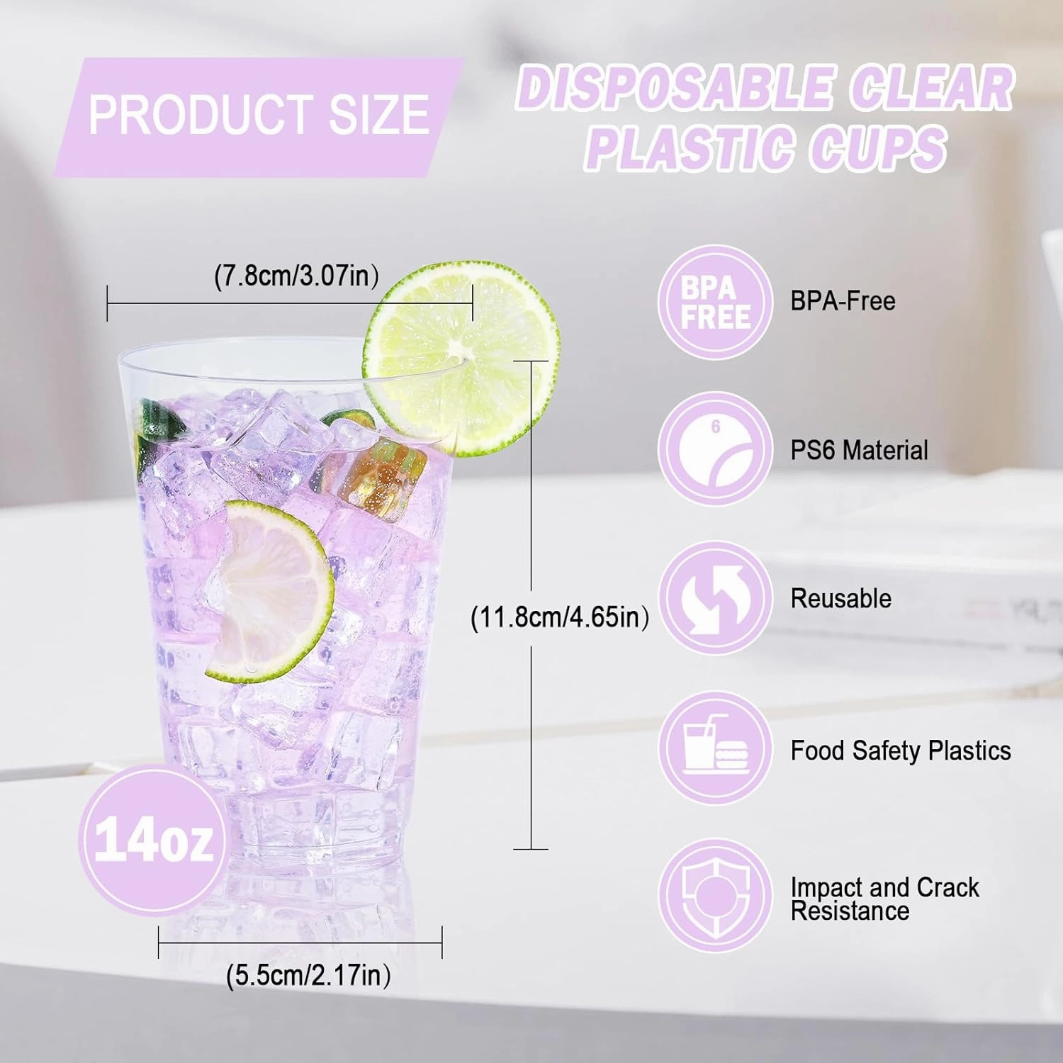 100 Pack 14 oz Clear Disposable Plastic Cups, Clear Plastic Cups Tumblers Cocktail Party Glasses, Elegant Disposable Decoration Cup for Thanksgiving, Wedding