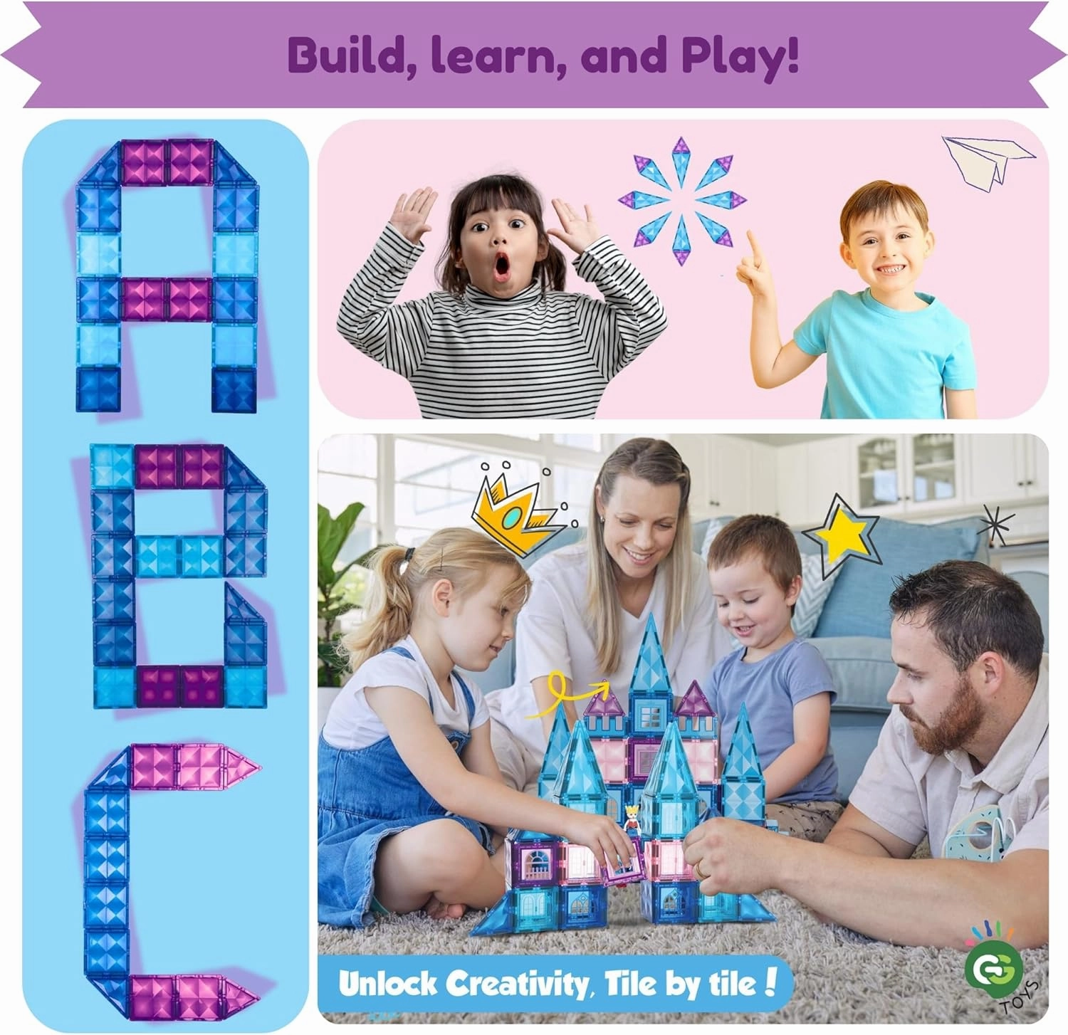 102-Piece Magnetic Tiles Construction Set –Purple Pink Castle STEM Building Blocks – Montessori Educational Toy & Birthday Gift for Toddlers, Boys & Girls Ages 3-9