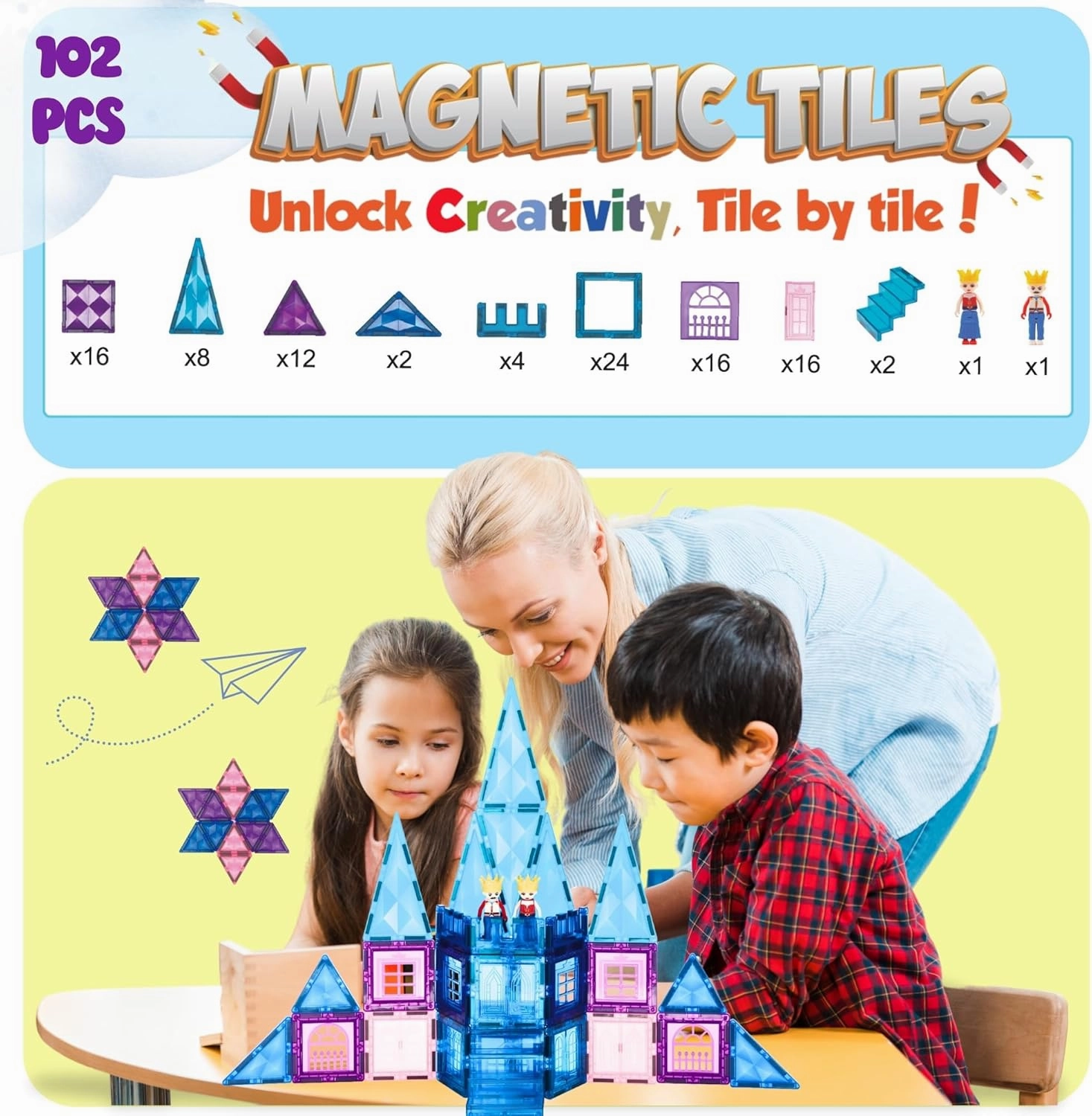 102-Piece Magnetic Tiles Construction Set –Purple Pink Castle STEM Building Blocks – Montessori Educational Toy & Birthday Gift for Toddlers, Boys & Girls Ages 3-9