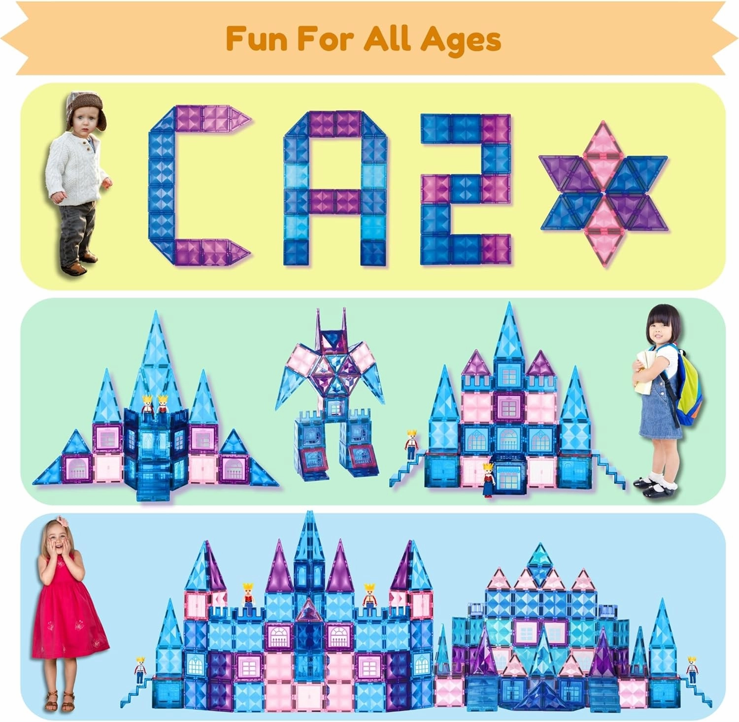 102-Piece Magnetic Tiles Construction Set –Purple Pink Castle STEM Building Blocks – Montessori Educational Toy & Birthday Gift for Toddlers, Boys & Girls Ages 3-9