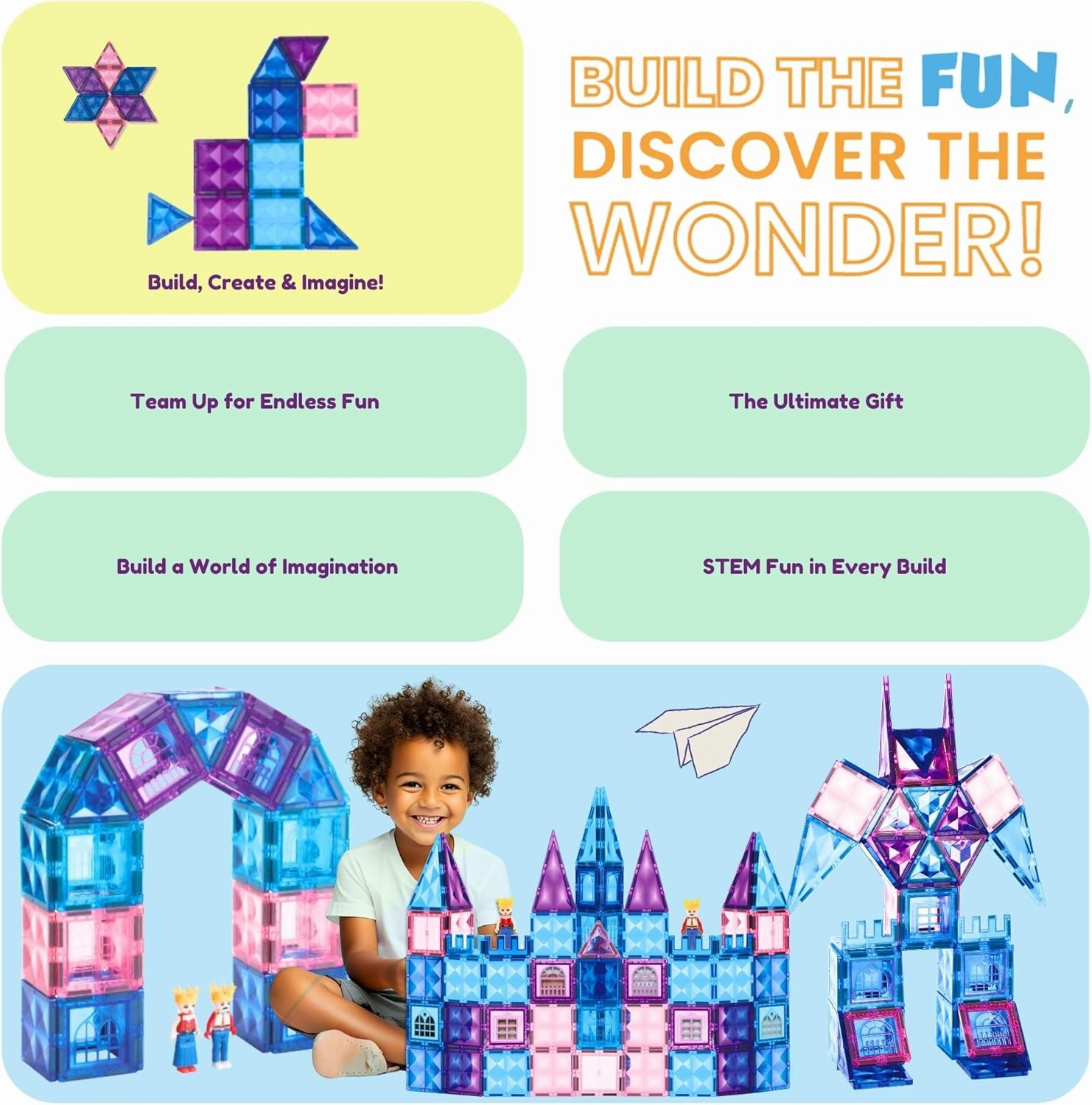 102-Piece Magnetic Tiles Construction Set –Purple Pink Castle STEM Building Blocks – Montessori Educational Toy & Birthday Gift for Toddlers, Boys & Girls Ages 3-9