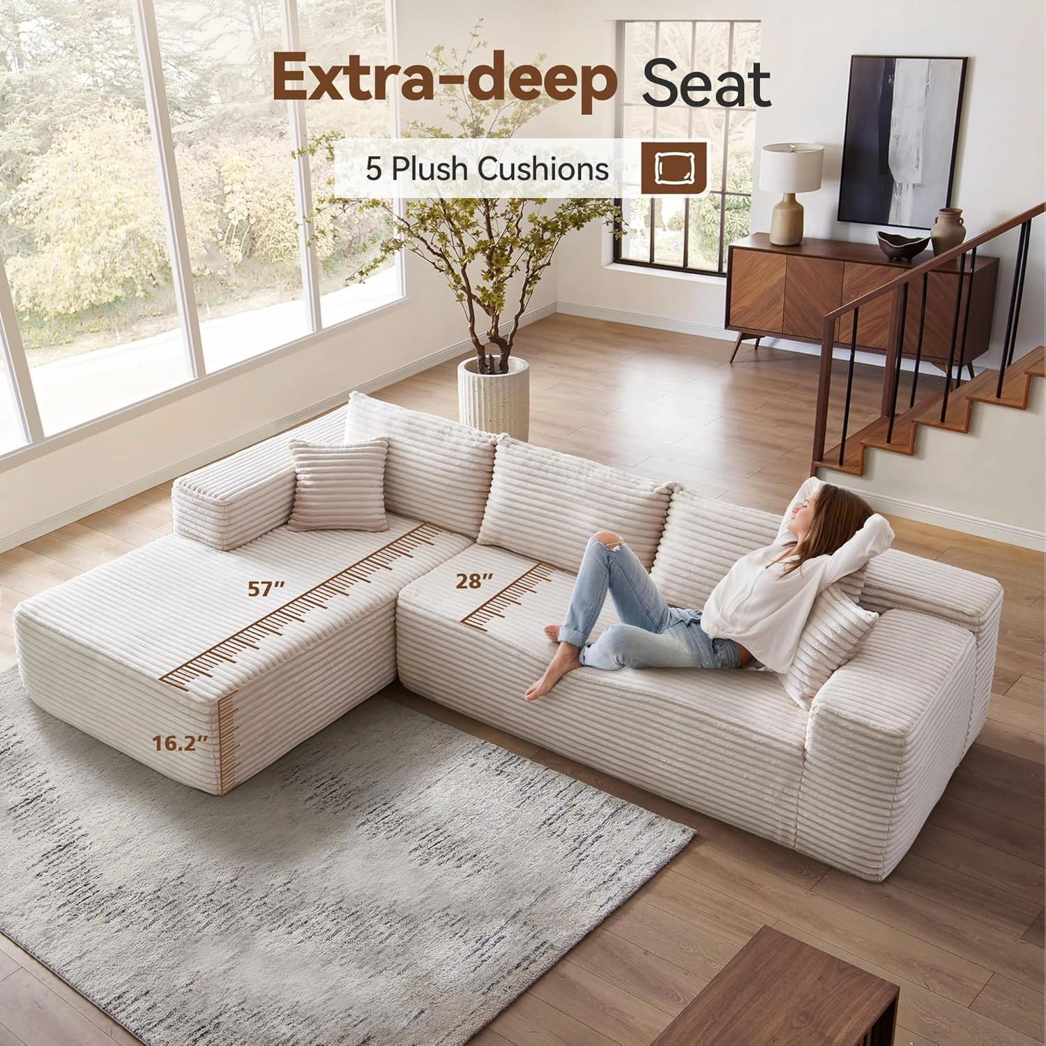 104" Cloud Sectional Couch with Comfy Chaise, Boneless L Shape Sofa with Deep Seat, Minimalist Modular Couches Sleeper for Living Room Bedroom Apartment Lounge,Beige