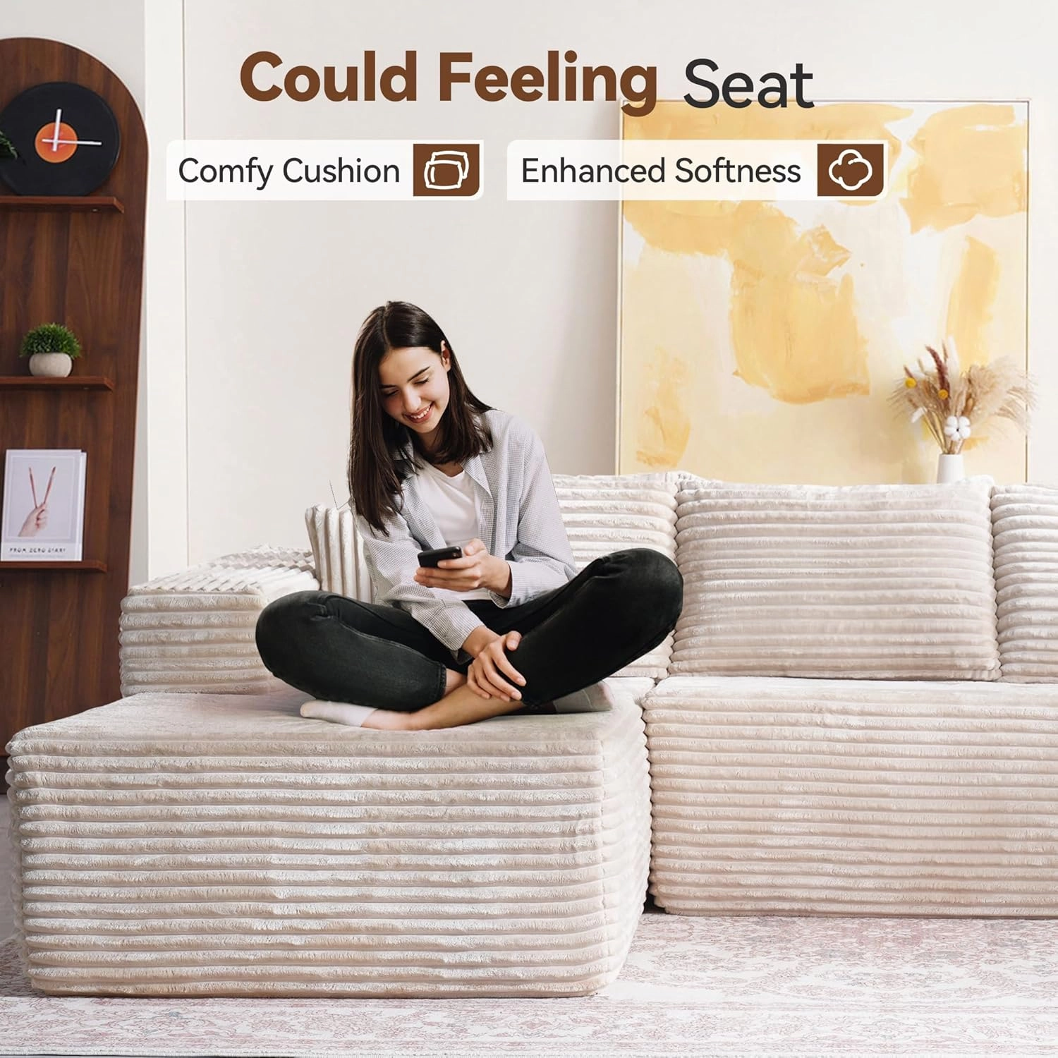 104" Cloud Sectional Couch with Comfy Chaise, Boneless L Shape Sofa with Deep Seat, Minimalist Modular Couches Sleeper for Living Room Bedroom Apartment Lounge,Beige