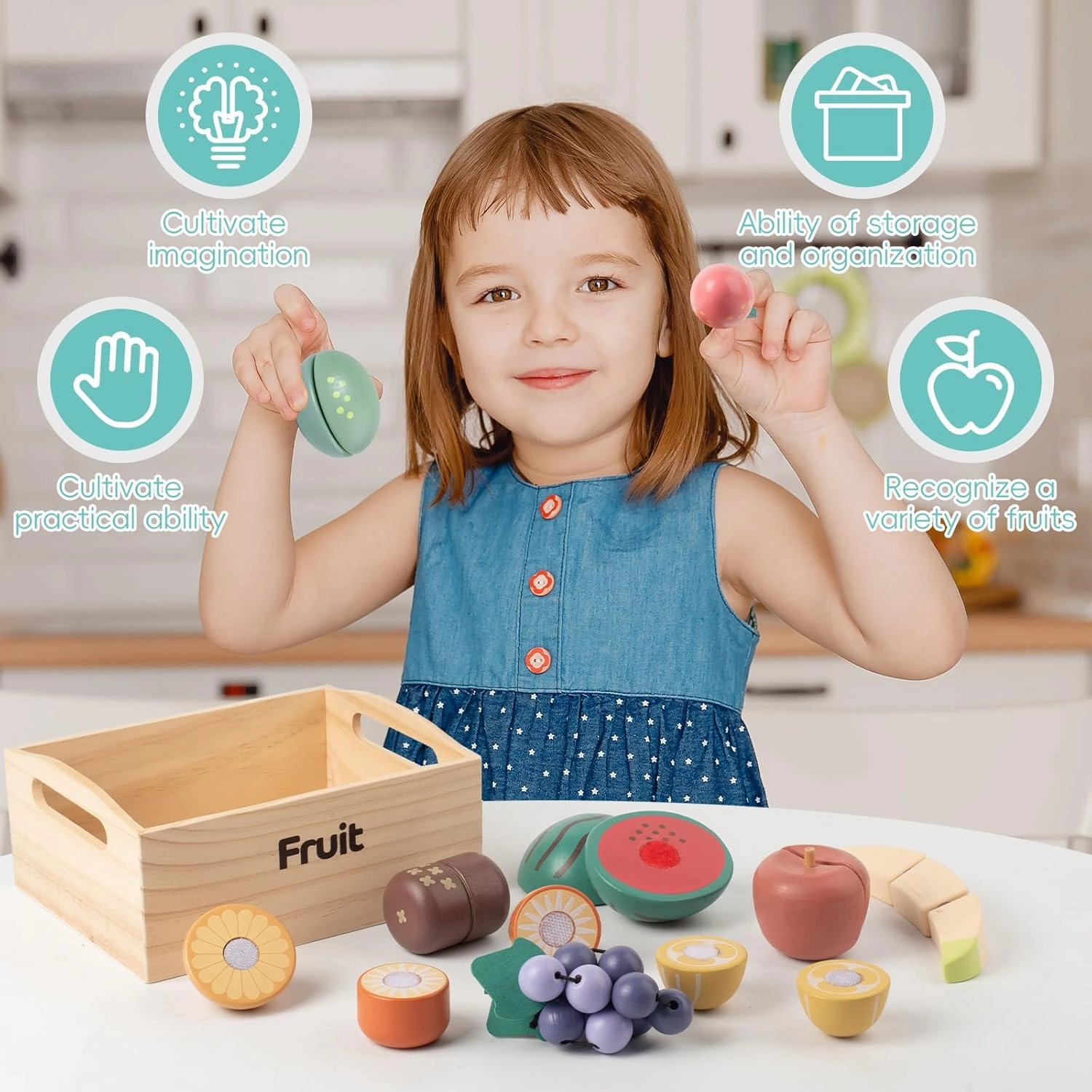 10 PCS Wooden Play Food Set for Kids Kitchen, Wooden Cutting Fruit Toys for Toddlers and Kids Ages 3 , Pretend Food Toys for Christmas Birthday Gifts