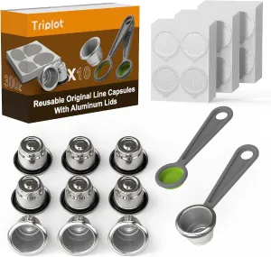 10pcs Reusable Capsules for Nespresso OriginalLine - Refillable Coffee Pods Stainless Steel Cups Compatible for Nespresso OriginalLine Machine (10pods 300Lids)