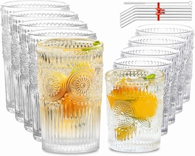 10Pcs Vintage Drinking Glasses - Romantic Highball Glasses & Rocks Glasses, Striped Glass Tumbler Cups for Water Coffee Juice Cocktail, Luxurious Floral Embossed Clear Glassware Set