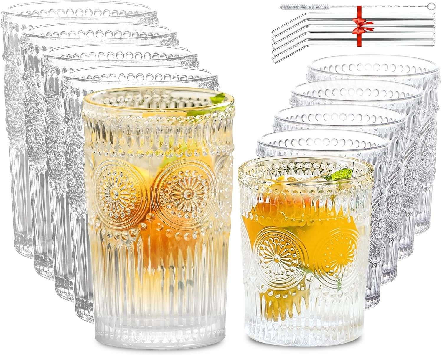 10Pcs Vintage Drinking Glasses - Romantic Highball Glasses & Rocks Glasses, Striped Glass Tumbler Cups for Water Coffee Juice Cocktail, Luxurious Floral Embossed Clear Glassware Set