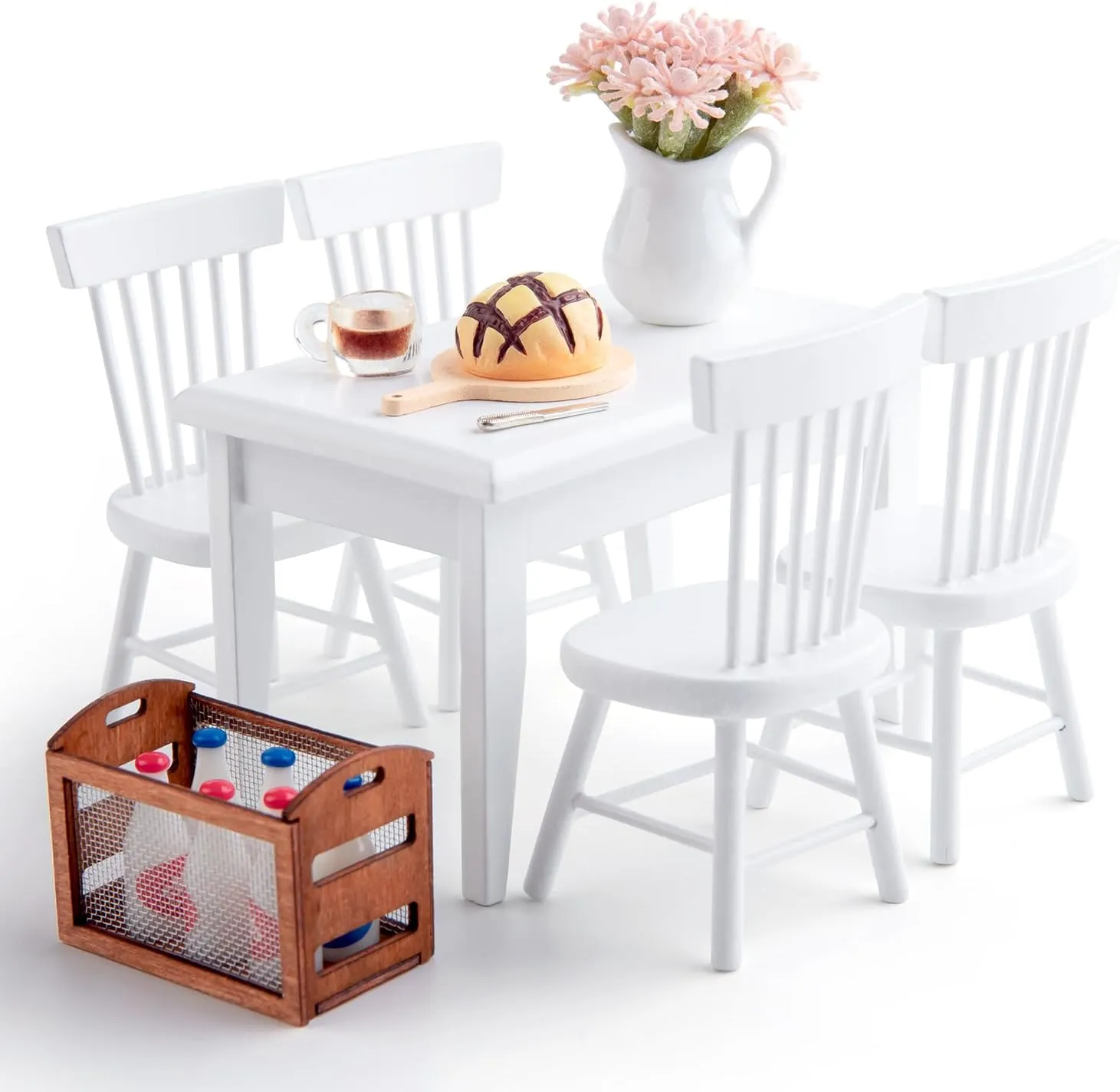 1/12 Dollhouse Table Chair Set, 17pcs Wooden Miniature Kitchen Furniture Set with Breakfast Accessories for Dining Room
