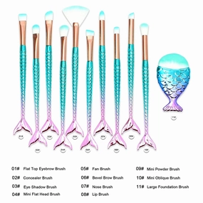 11 Piece Mermaid Makeup Brushes Set, Foundation Eyebrow Eyeliner Blush Cosmetic Concealer Brushes Women Girl Cute Make Up Tool Set