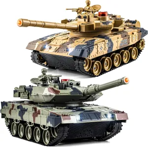 1/24 RC Battle Tank Set, Remote Control Russian T90 and German Leopard II Tank Model That Shoots for Kids and Adults, 2.4Ghz Army Toy for Boys 6  Year Old with Smoke, Sound Effects and Lights