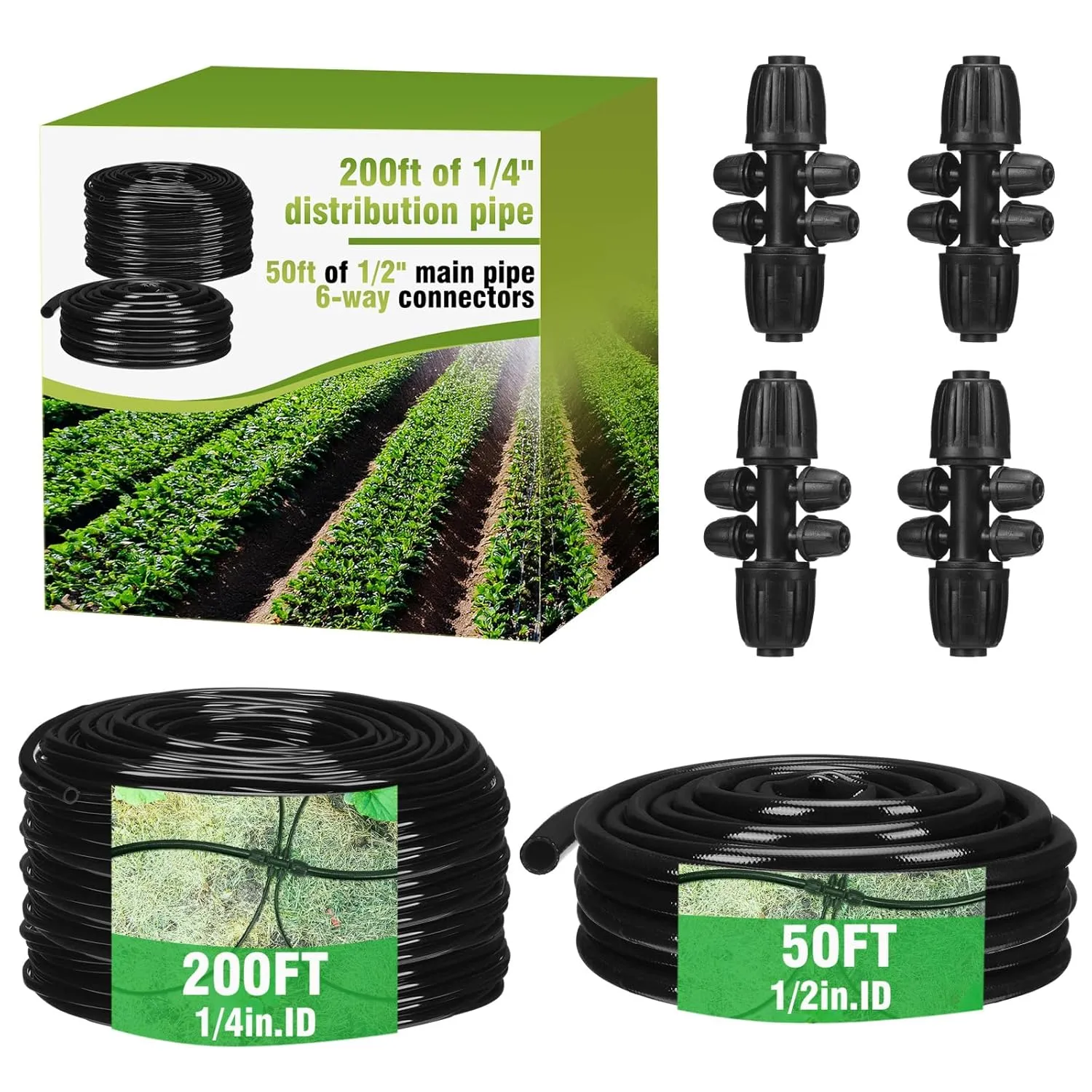 1/2" & 1/4" Drip Irrigation Tubing Kit - 250ft Main Line   6-Way Connectors for Garden, Greenhouse, Raised Beds - Flexible PE Hose for Automatic Watering System