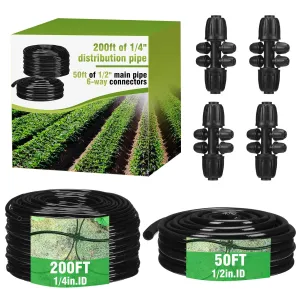 1/2" & 1/4" Drip Irrigation Tubing Kit - 250ft Main Line   6-Way Connectors for Garden, Greenhouse, Raised Beds - Flexible PE Hose for Automatic Watering System