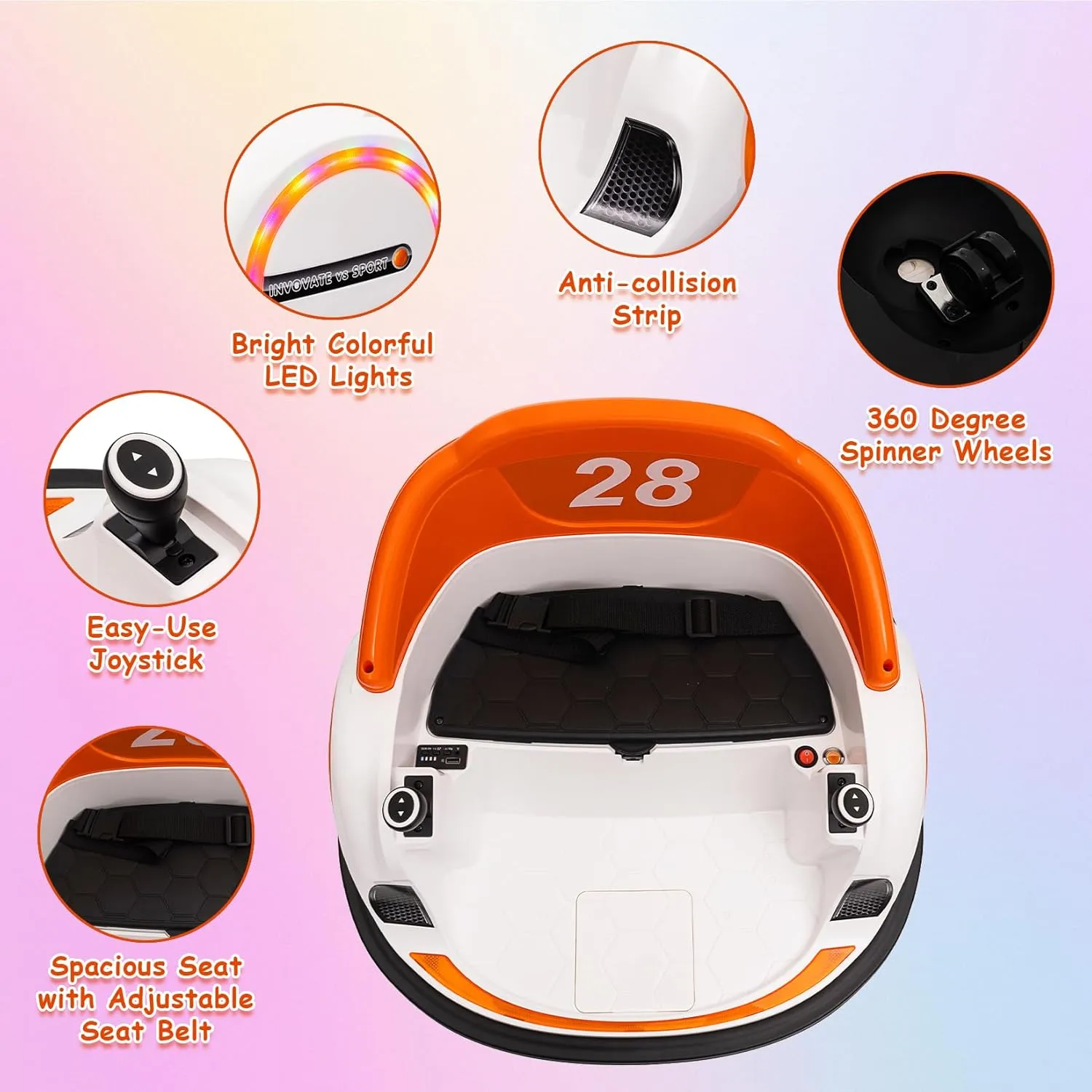 12V Ride On Bumper Car for Kids Ride on Toy Gifts Toddlers Electric Bumping Car with Remote Control, Battery Display, 360 Degree Spin, LED Lights, Music, Orange