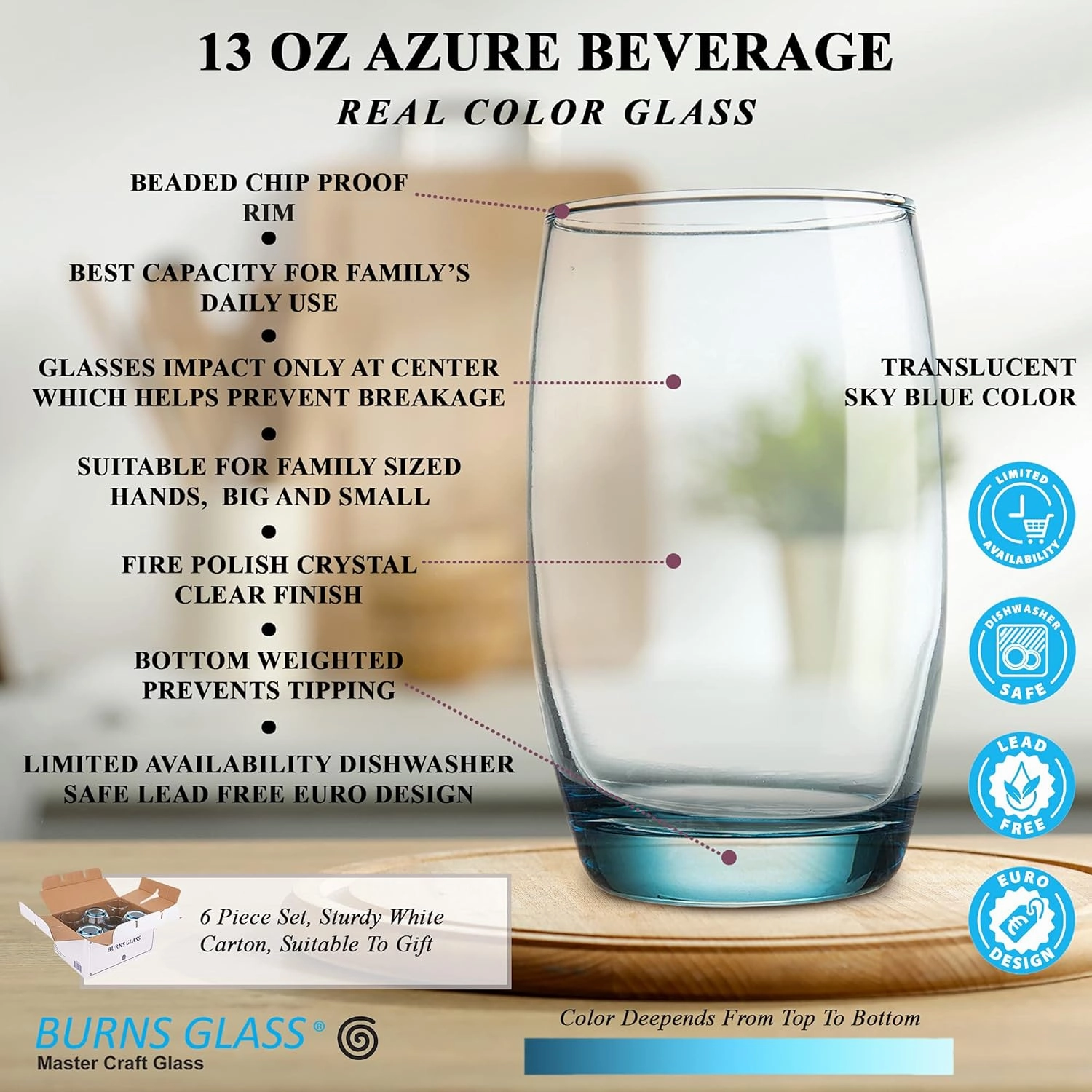 13 Oz Italian-Style Drinking Glasses, Set of 6 Stemless Wine Glasses Clear Blue Drinks Glass Glassware, Girls Men Women Wedding Bridesmaid Birthday Gifts