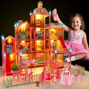 13 Rooms Doll House for Girls, DIY Play House Toys with Dolls Figure, Puppies,Furnitures, Glow-in-The-Dark Accessories, LED Light, Kids Doll House Gift Toy for Kids Ages 3 4 5 6 7 8 