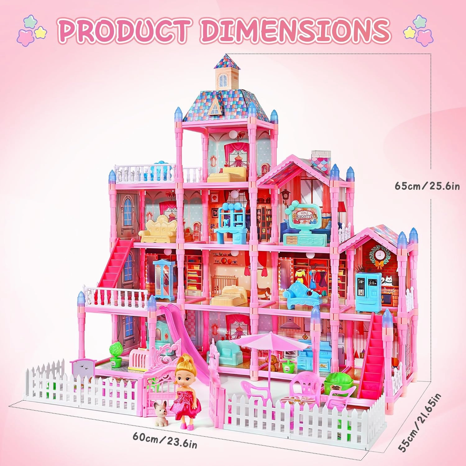 13 Rooms Doll House for Girls, DIY Play House Toys with Dolls Figure, Puppies,Furnitures, Glow-in-The-Dark Accessories, LED Light, Kids Doll House Gift Toy for Kids Ages 3 4 5 6 7 8 
