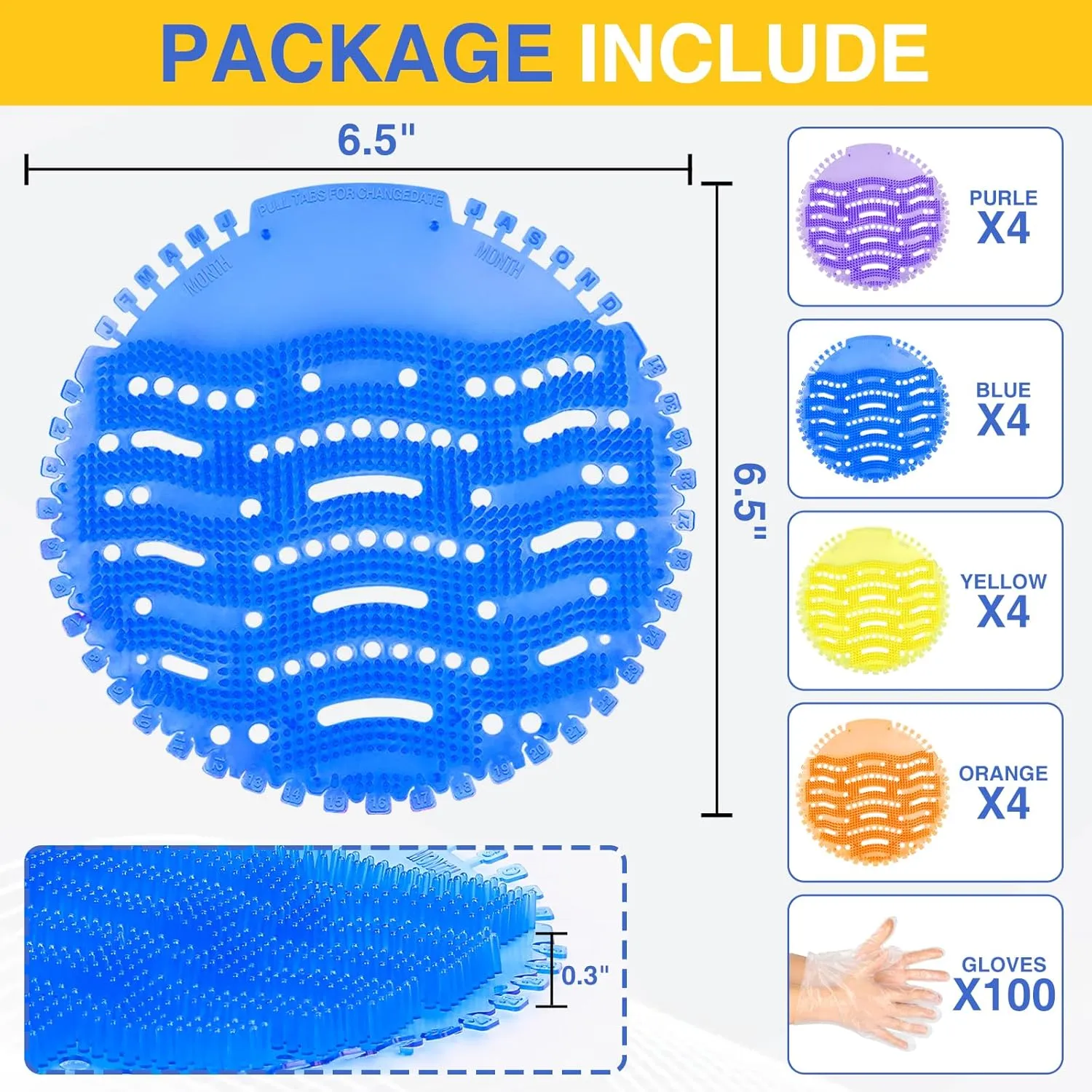 16 PACK Urinal Screen Deodorizer with 100 Gloves-3D Wave Anti-Splash Odor Protection Urinal Cakes for Men Toilets，Four Scents Urinal Mats，Long-Lasting Fragrance Lasts for 30 Days