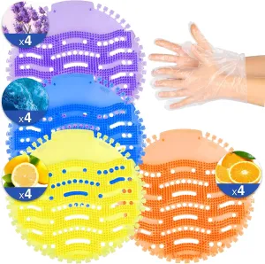 16 PACK Urinal Screen Deodorizer with 100 Gloves-3D Wave Anti-Splash Odor Protection Urinal Cakes for Men Toilets，Four Scents Urinal Mats，Long-Lasting Fragrance Lasts for 30 Days