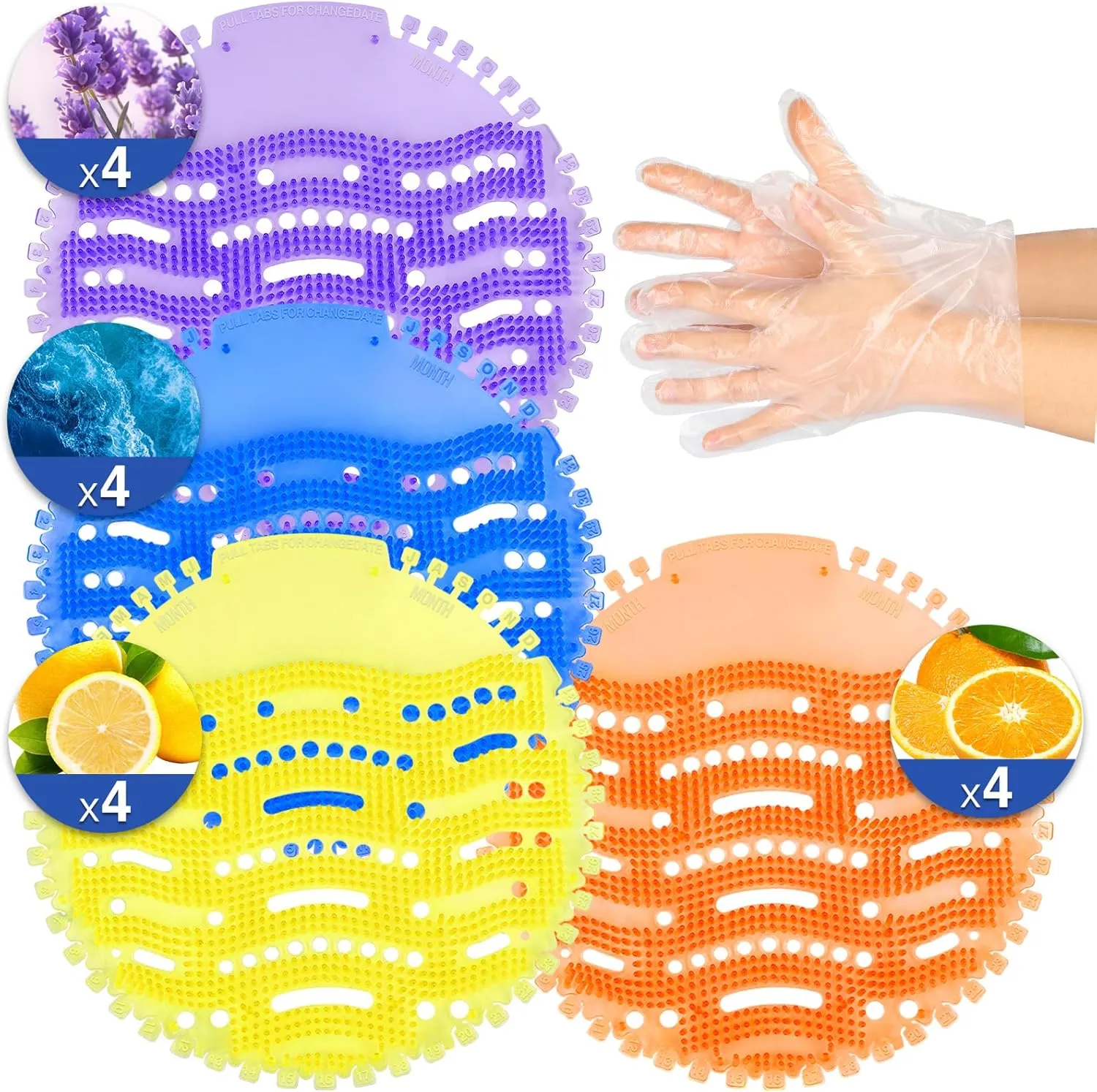 16 PACK Urinal Screen Deodorizer with 100 Gloves-3D Wave Anti-Splash Odor Protection Urinal Cakes for Men Toilets，Four Scents Urinal Mats，Long-Lasting Fragrance Lasts for 30 Days
