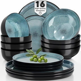 16 Piece Dinnerware Sets for 4 - Modern Style Stoneware Dinnerware Set - Scratch Resistant, Dishwasher Safe Plates and Bowls Sets Ceramic, Dish Set, Bowl and Plate Set - Black and Petrol Blue…