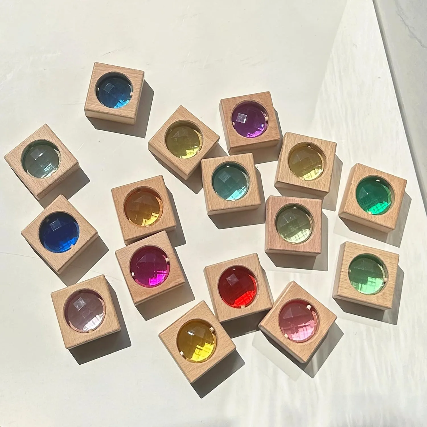 16PCS Acrylic Wooden Gem Blocks, Sparkling Acrylic Colorful StackingToys, Open Ended Play Montessori Educational Toys (16PCS Square Gem Blocks)