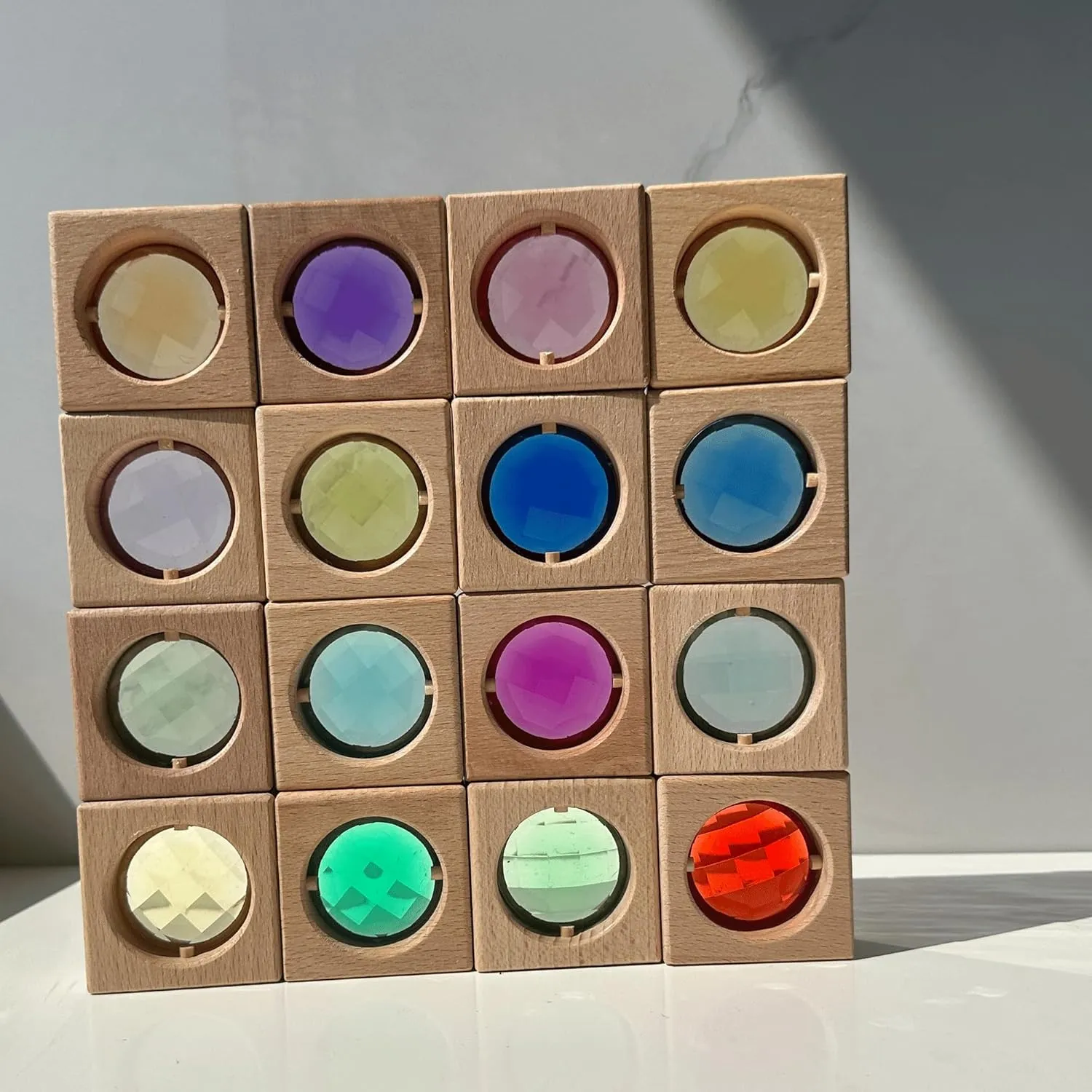 16PCS Acrylic Wooden Gem Blocks, Sparkling Acrylic Colorful StackingToys, Open Ended Play Montessori Educational Toys (16PCS Square Gem Blocks)