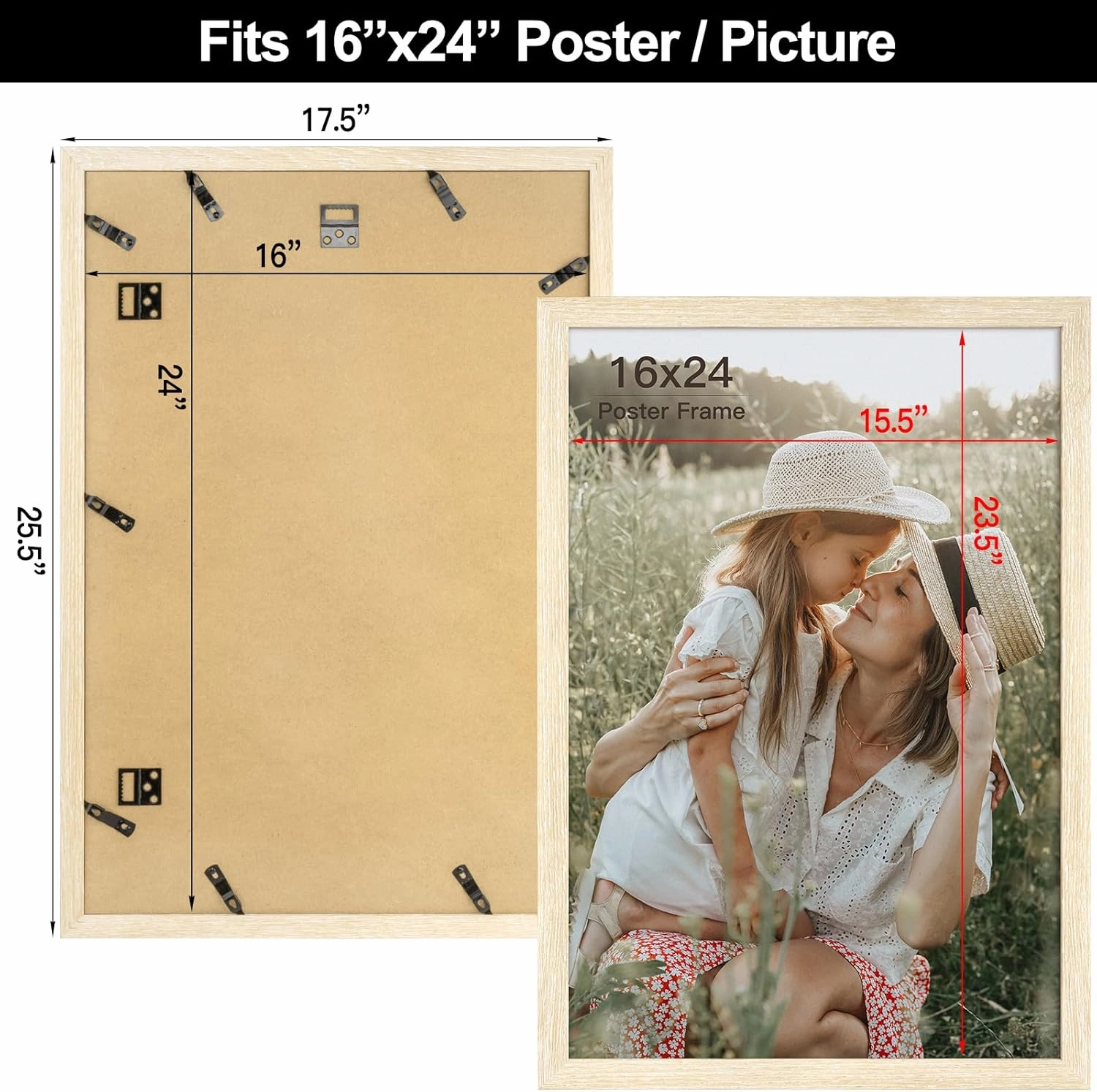 16x24 Frame Set of 3, Natural Wood Grain 16x24 Poster Frame for Gallery Wall Mounting (3 Pack,Natural)