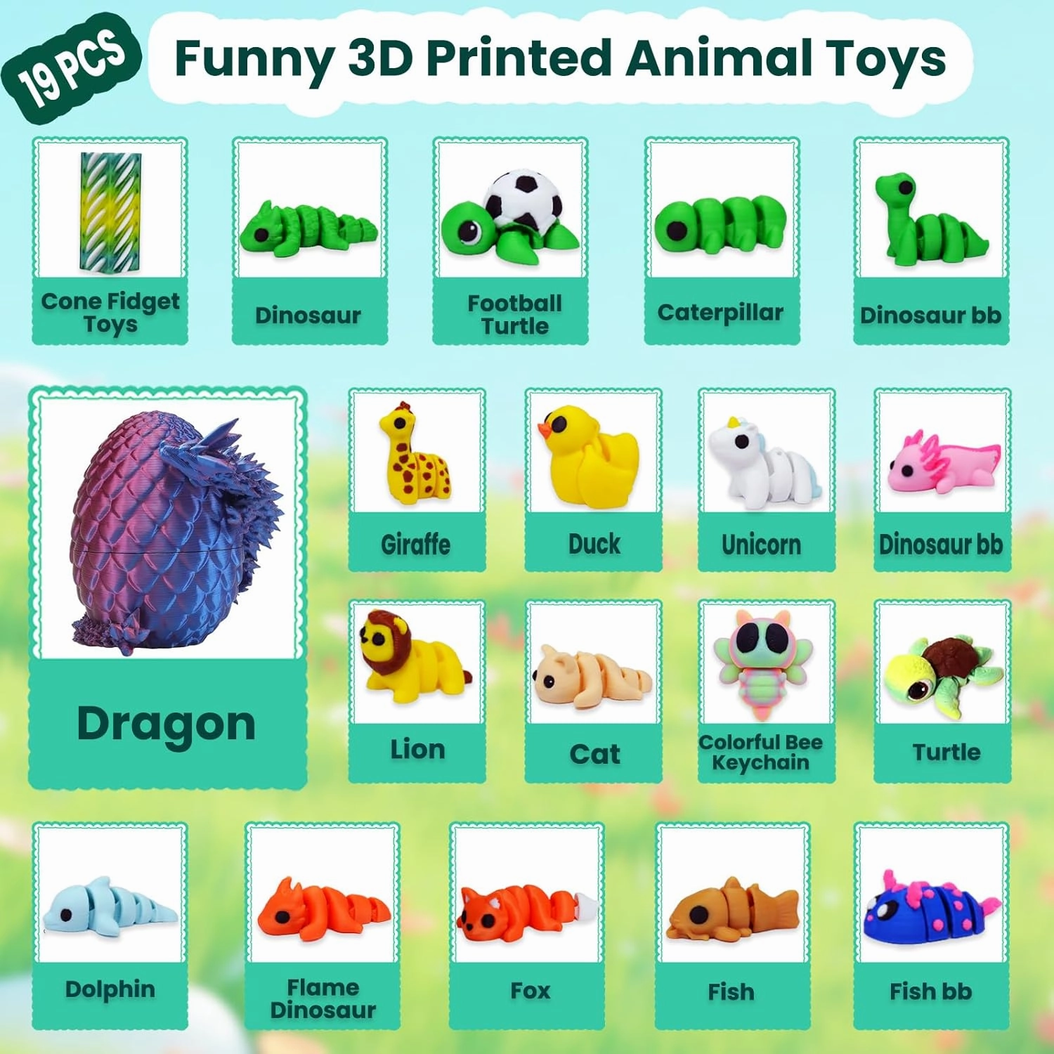 19 Pack 3D Printed Dragon & Animals, 3D Printed Toys Flexible Articulated Animal, 3D Dragon Egg with Dragon, 3D Print Toys Bag Keychains Desk Decor for Stress Relieve Xams Hallowmas Gifts