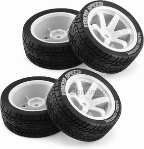 1/10 RC On Road Tires and Plastic Drift Wheels 12mm Hex Rally Racing Tyres for 1:10 Scale Touring Street Car Tamiya TT01 TT02 XV01 TA06 A959 PTG2 144001 HPI KYOSHO HSP Traxxas 4PCS (White)
