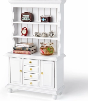 1/12 Dollhouse Cabinet Set, 11Pcs Dollhouse Miniature Wooden Bookshelf with Accessories (Alarm Clock, Fish Tank, Books, Coffee Cups) for Living Room,Dining Room,Study and Other Scenes