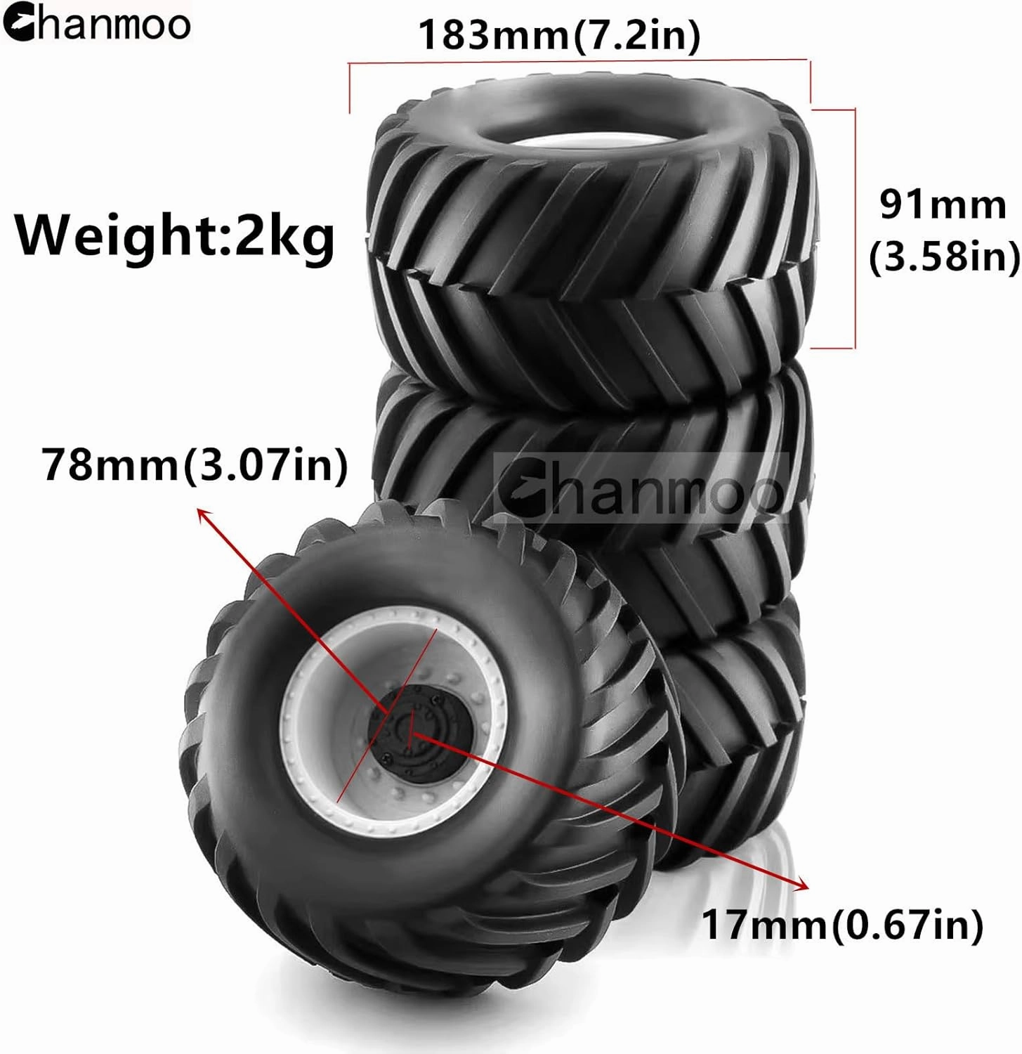 1/8 RC Monster Truck Tires and 17mm Hex Wheels Rims Rubber Buggy Tyres for 1:8 Scale Off Road Truck Car Kaiju Tmaxx E-Revo 3.3 Arrma Kraton 6S Typhon 3S Traxxas Maxx HPI Redcat 4PCS (Black)