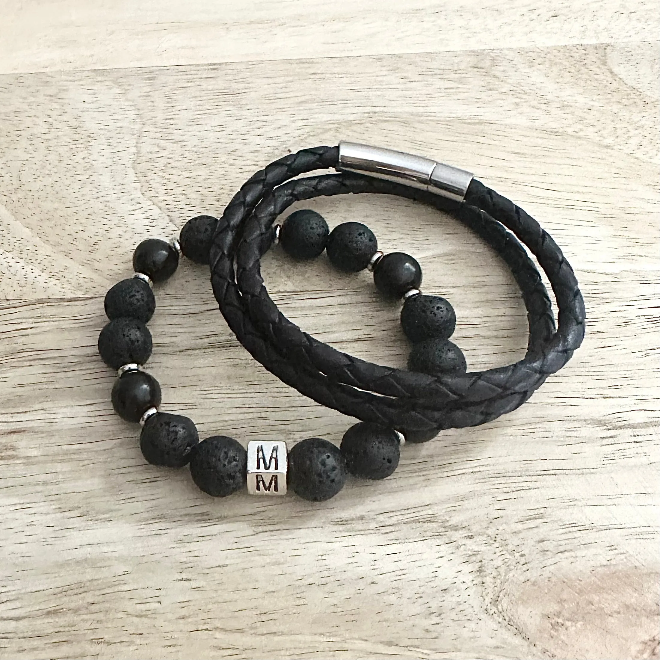 2-bracelet Letter Bead Set - Leather   Lava Bead