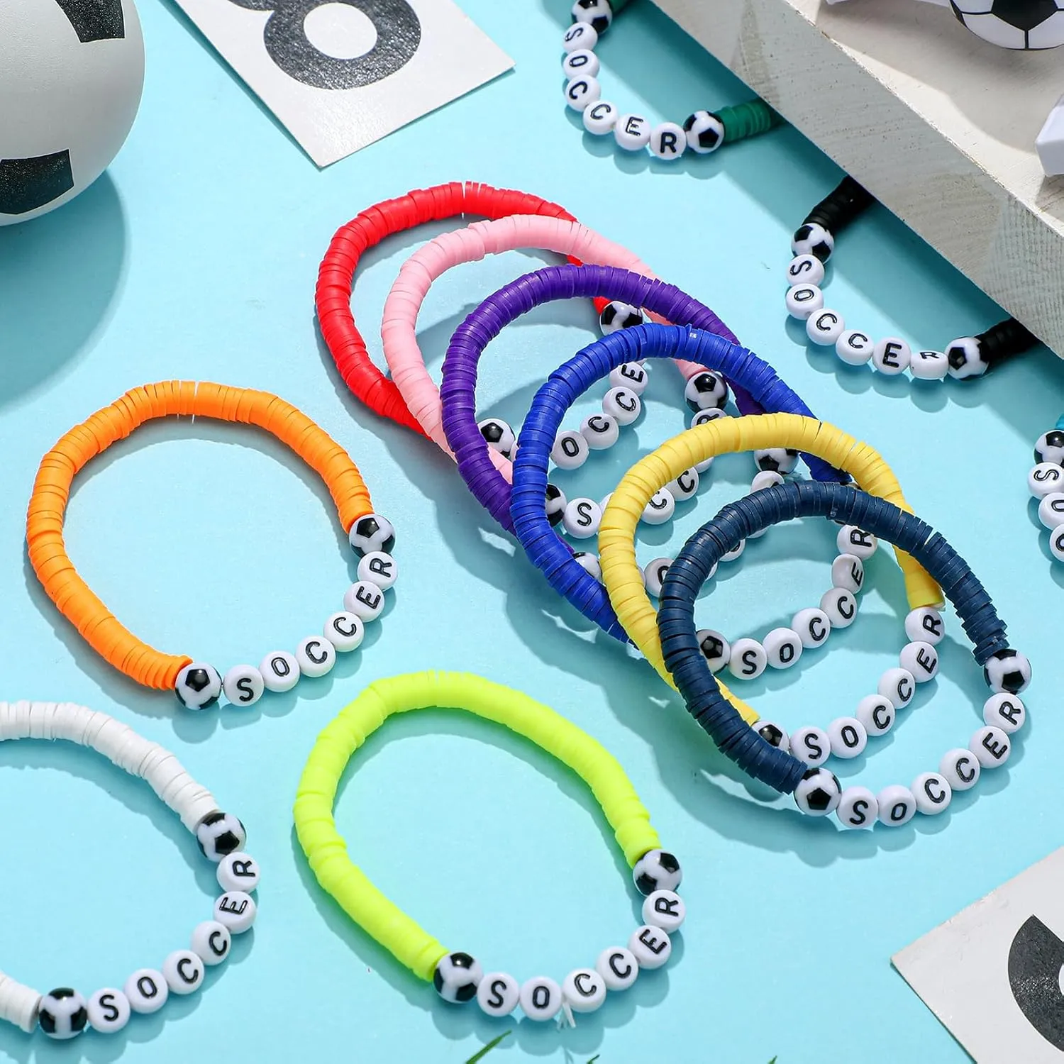 24 Pcs Soccer Bracelets Party Favors - Charm Sports Bracelet Stackable Clay Beaded Bracelets for Teens, Team, Women, Men