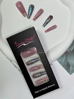 24pcs Glamorous Faux Nails, Mixed Designs with Rhinestones and Glitter, Pink and Iridescent