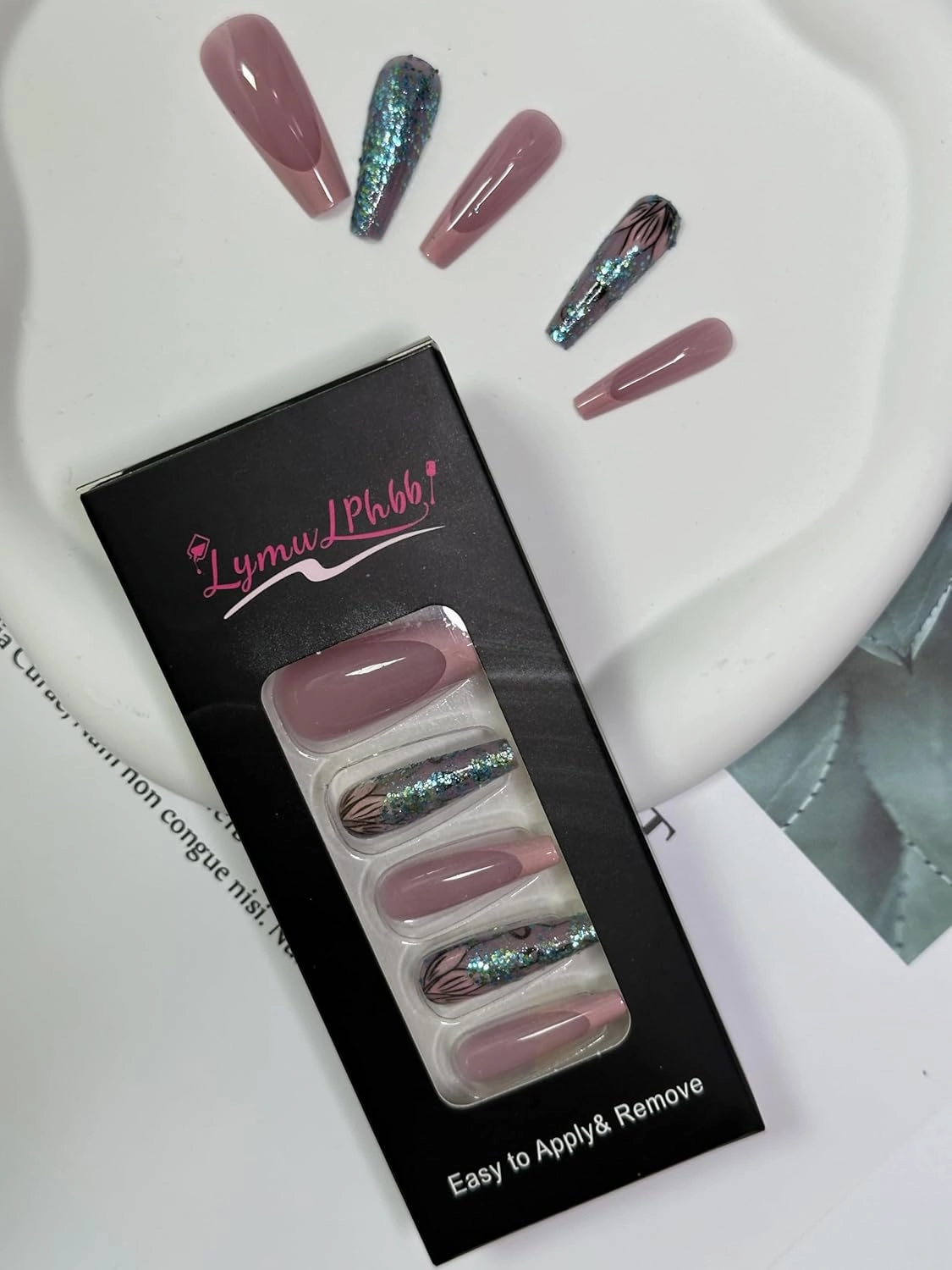 24pcs Glamorous Faux Nails, Mixed Designs with Rhinestones and Glitter, Pink and Iridescent