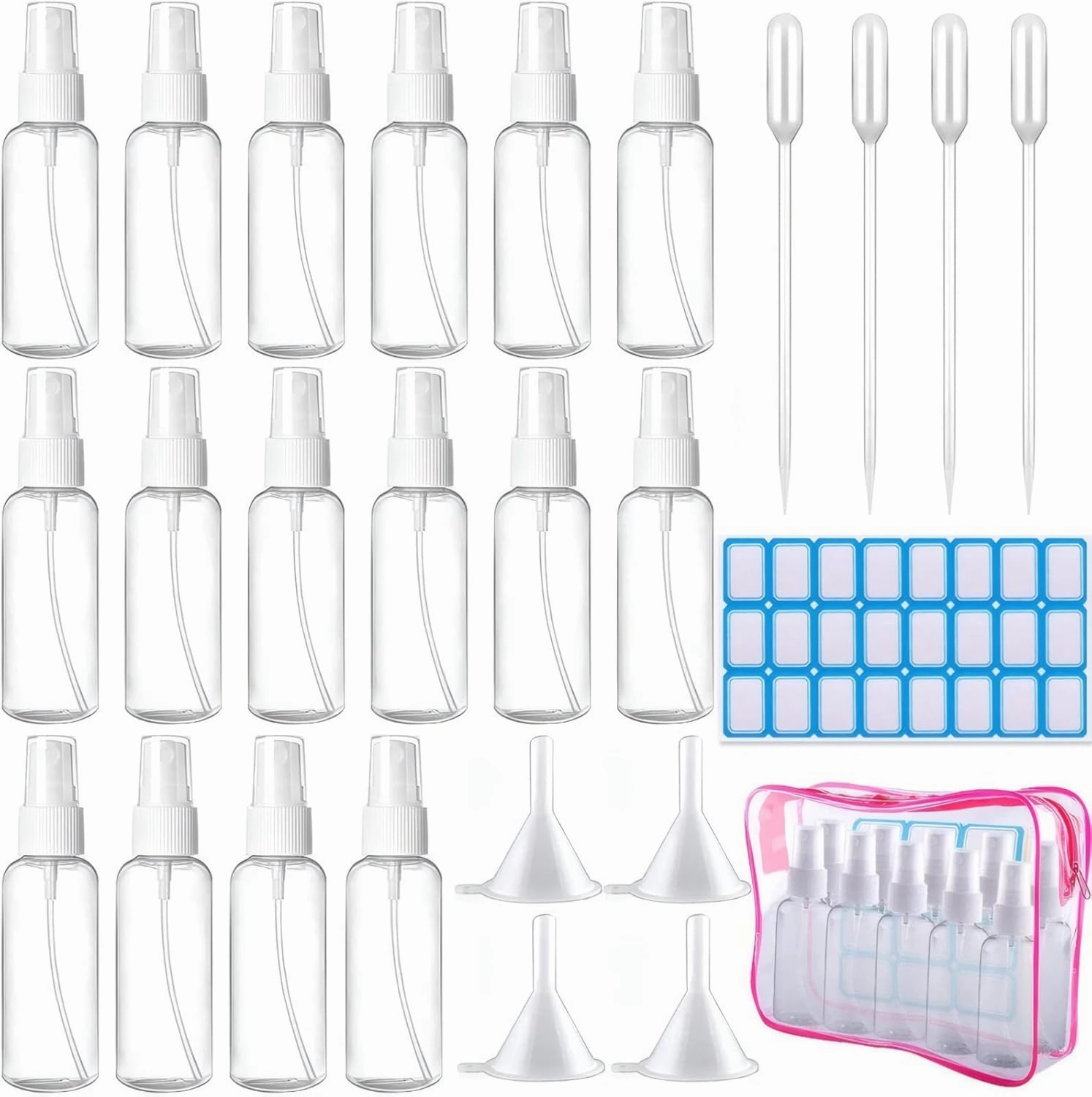 26-Piece Travel Set Of Small Spray Bottles, Leak-Proof 2 Oz Plastic Bottles With Droppers, Funnels, And Storage Bag For Cosmetics And Gardening