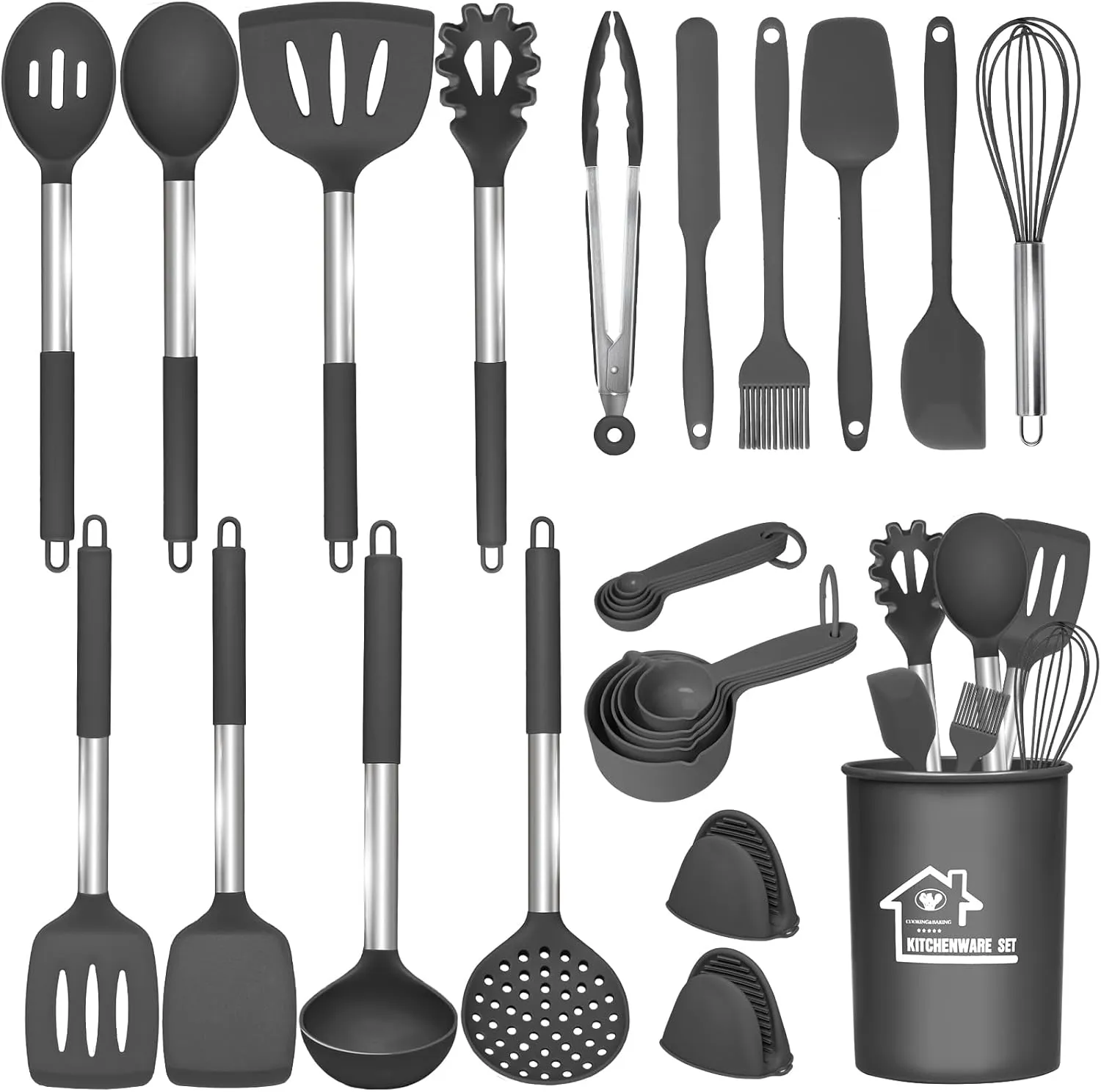 27 Pcs kitchen Utensils Set,446°F Heat Resistant Non-Stick Kitchen Gadgets,Stainless Steel Handle Utensil Sets,Cooking Utensils Set with Holder,Kitchen Accessories,Kitchen Essentials,Dishwasher Safe