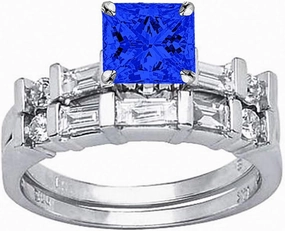 2.22 Carat t.w 14K White Gold Channel Set Baguette And Round Diamond Wedding Set w/a 1.5 Carat Princess Cut Blue Sapphire Heirloom Quality