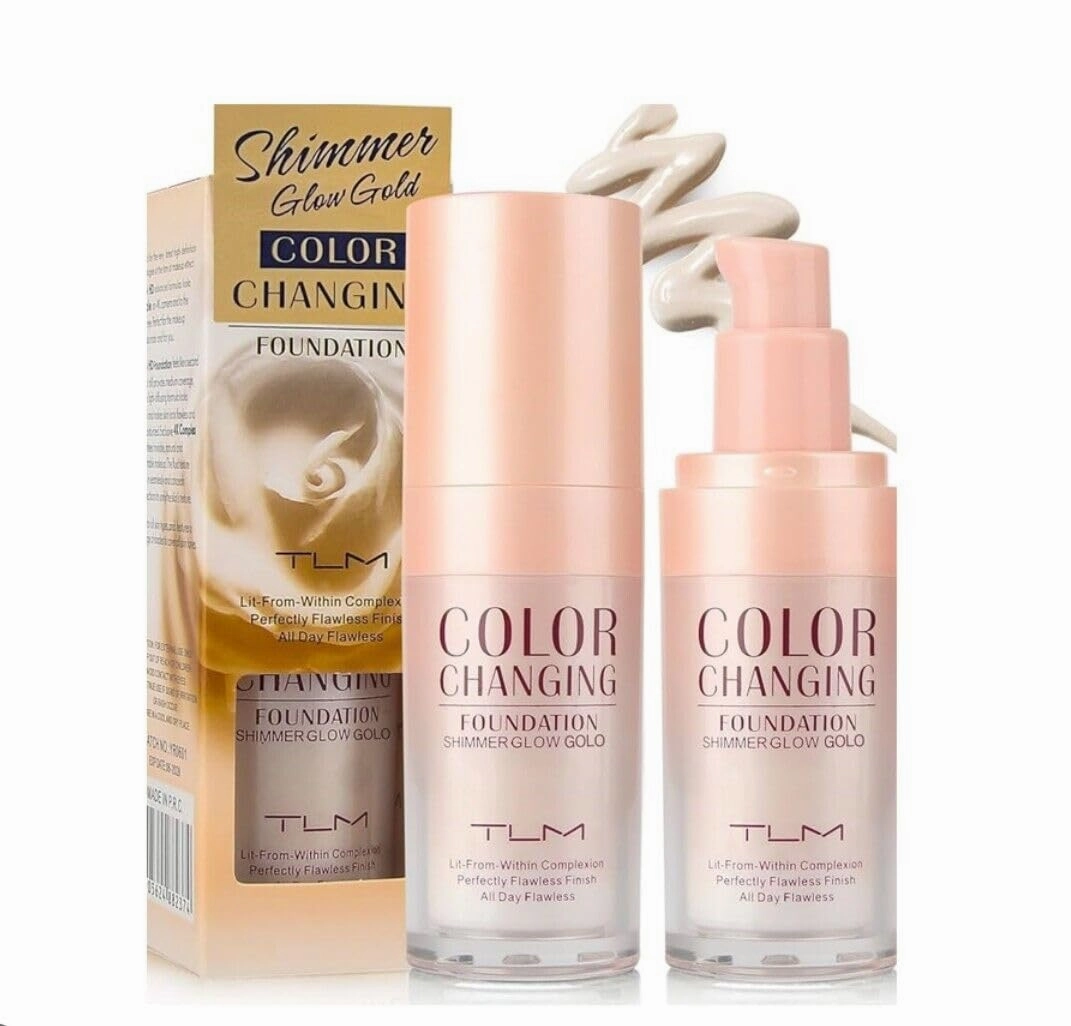 2 Pack Color Changing Foundation Liquid with Brushes & Sponges – Flawless Full Coverage BB Cream Makeup Base, SPF15, Gold & Silver Shimmer, Natural Skin Tone Matching Concealer, 30ml Each