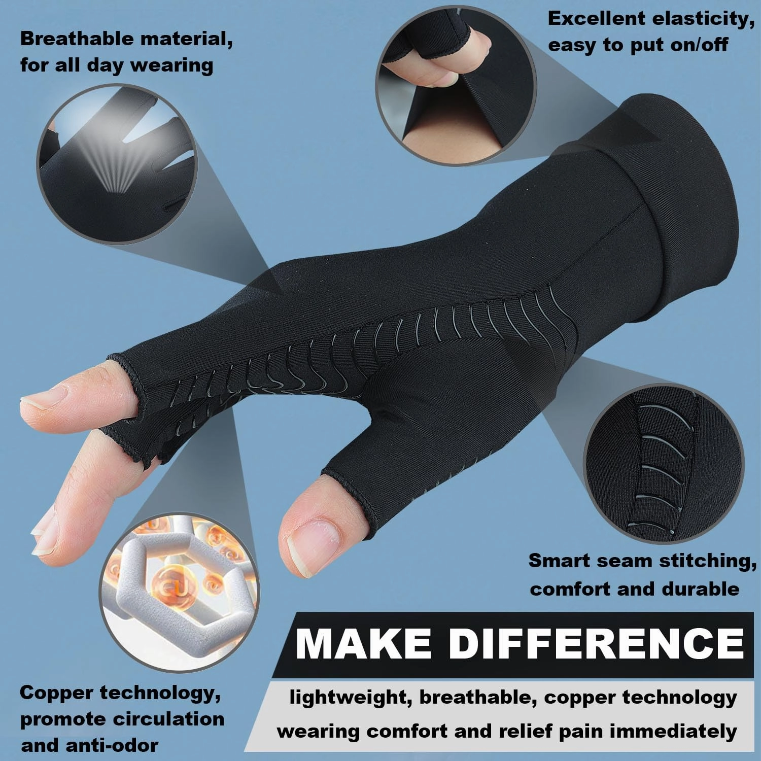 2 Pairs Copper Arthritis Compression Gloves for Rheumatoid, Osteoarthritis, Carpal Tunnel Pain Relief, Compression Hand Gloves for Women & Men,Anti-Slip Fingerless Gloves for Work,Typing (L)