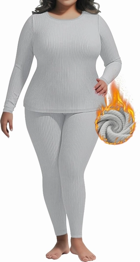 2 Pcs Women's Plus Size Thermal Underwear Sets Fleece Lined Ribbed Knit Base Layer Top and Bottom Pajama Set