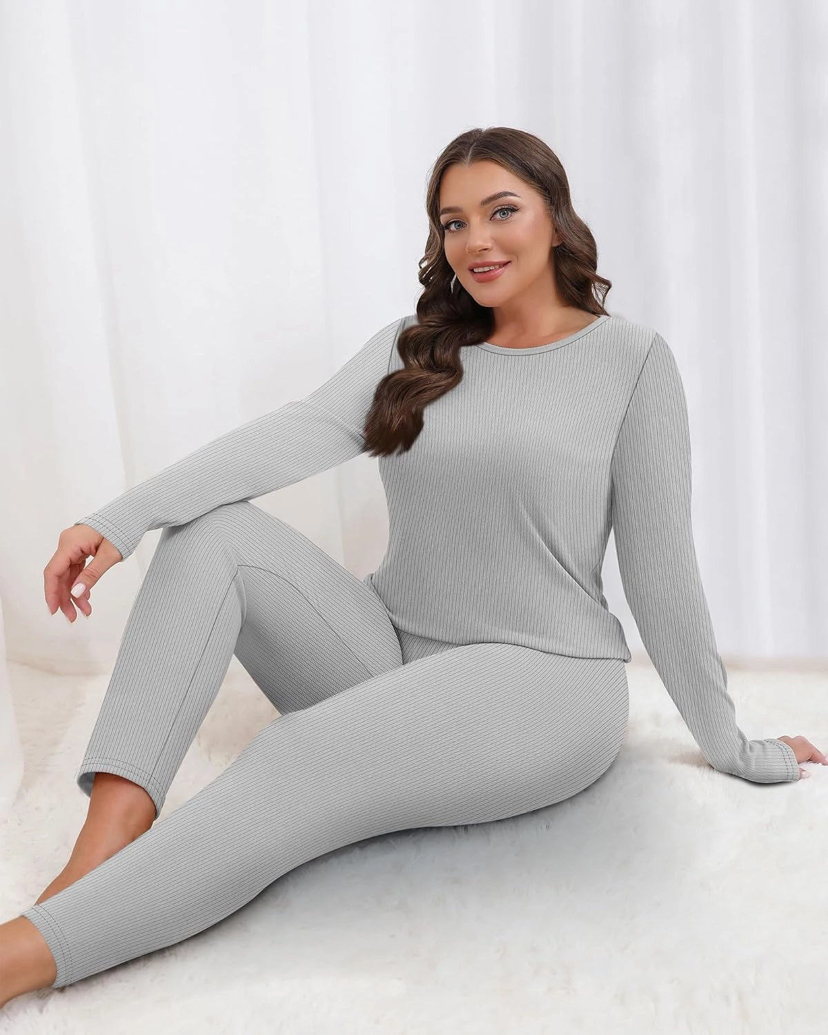 2 Pcs Women's Plus Size Thermal Underwear Sets Fleece Lined Ribbed Knit Base Layer Top and Bottom Pajama Set