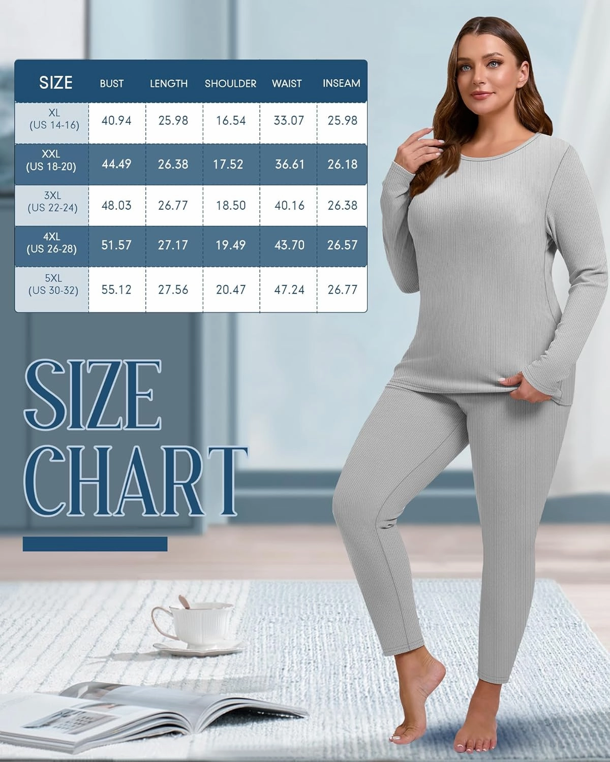 2 Pcs Women's Plus Size Thermal Underwear Sets Fleece Lined Ribbed Knit Base Layer Top and Bottom Pajama Set