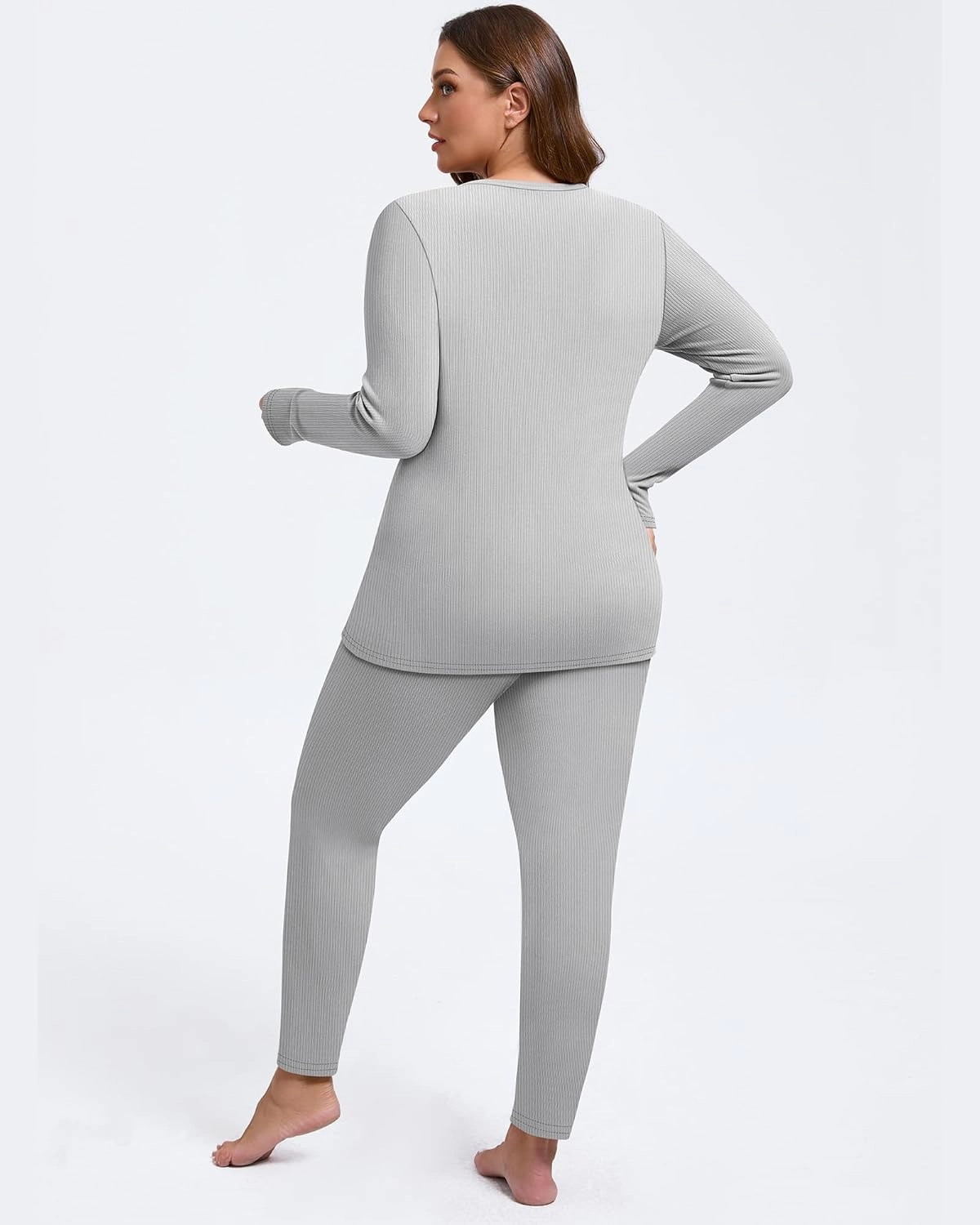2 Pcs Women's Plus Size Thermal Underwear Sets Fleece Lined Ribbed Knit Base Layer Top and Bottom Pajama Set