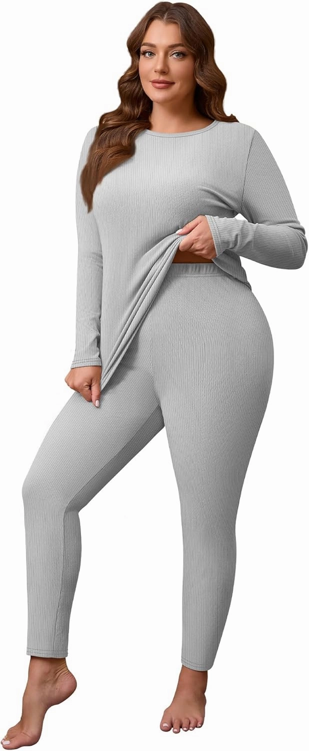 2 Pcs Women's Plus Size Thermal Underwear Sets Fleece Lined Ribbed Knit Base Layer Top and Bottom Pajama Set