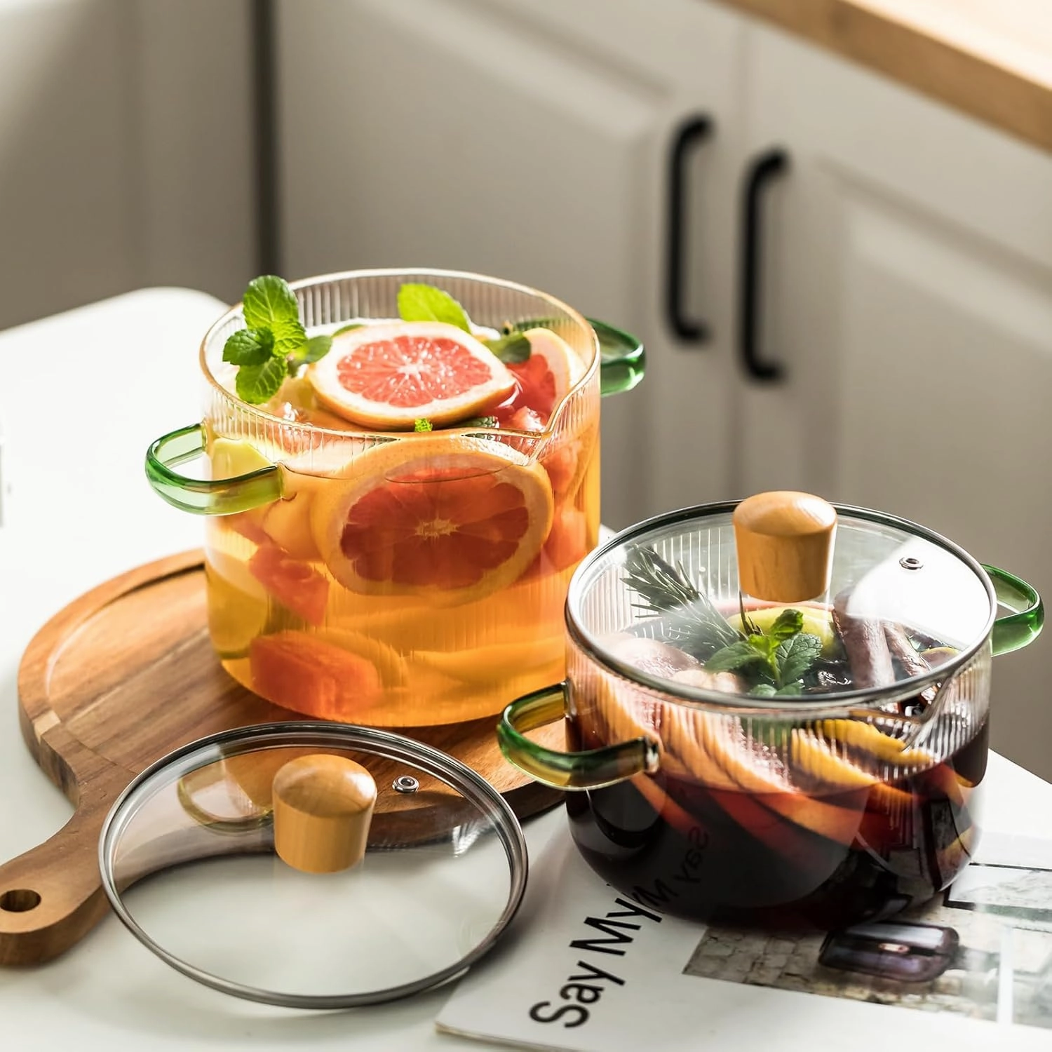 2-Piece Simmer with Lid, 1.8L & 2.3L Borosilicate, Heat Resistant Cooking, Ribbed Design for Pasta, Soup, Milk, Clear Kitchen Essential